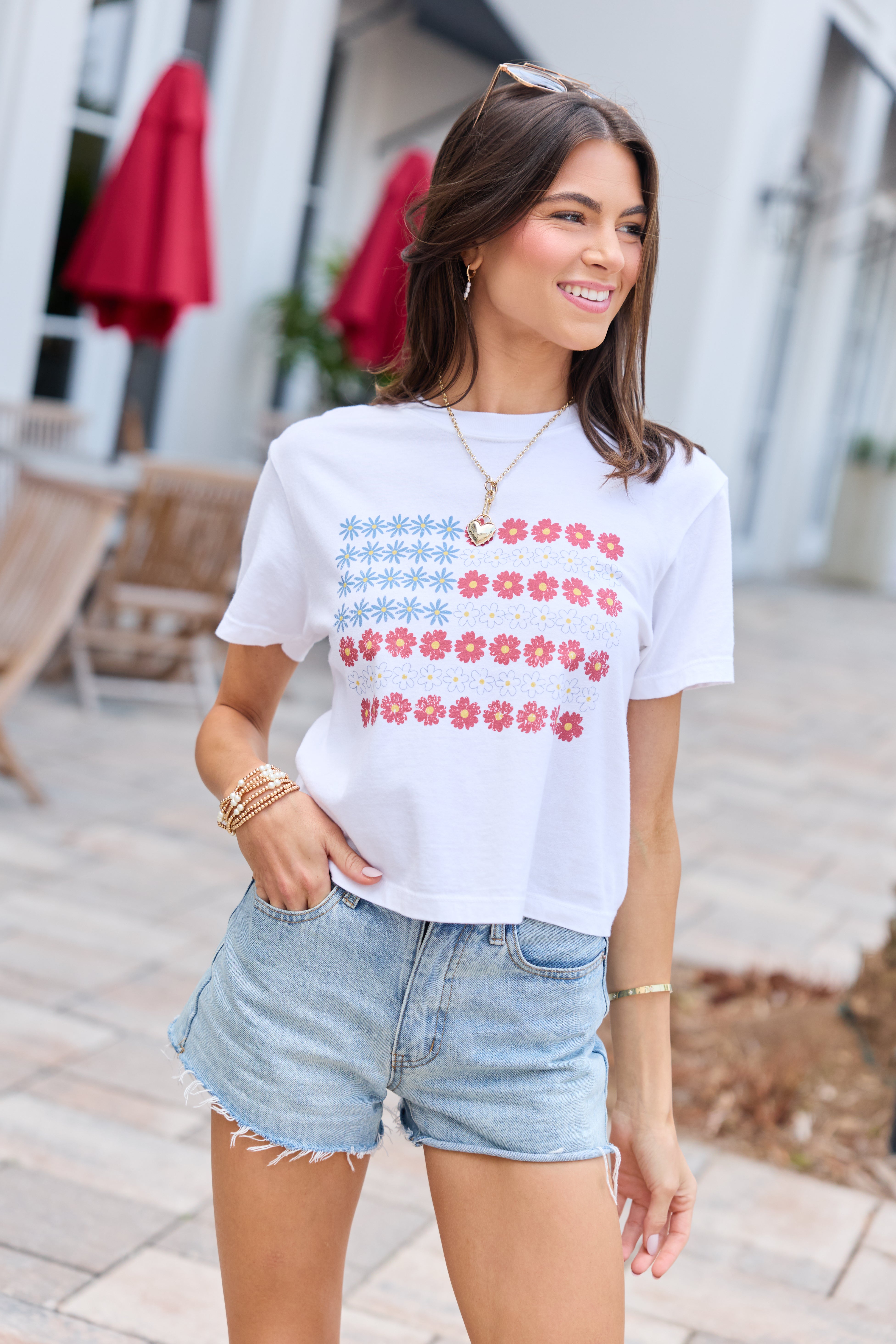 Multi Floral Flag White Boxy Graphic Tee DOORBUSTER | Elegant Women's Fashion by coolavocek