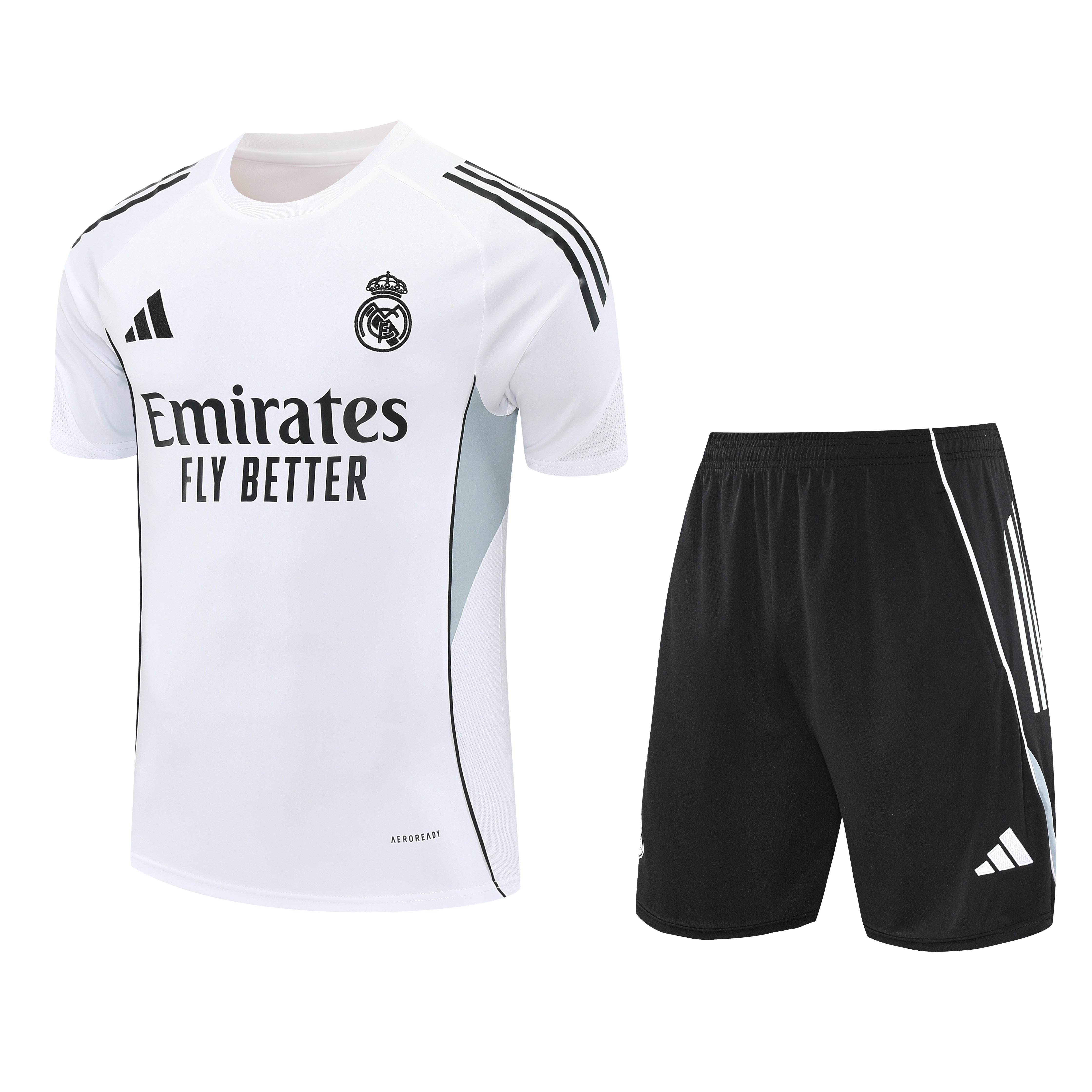 AlphaJersey-Real Madrid 25-26 Short-Sleeve Training Set - Grey And White Top & Black Shorts