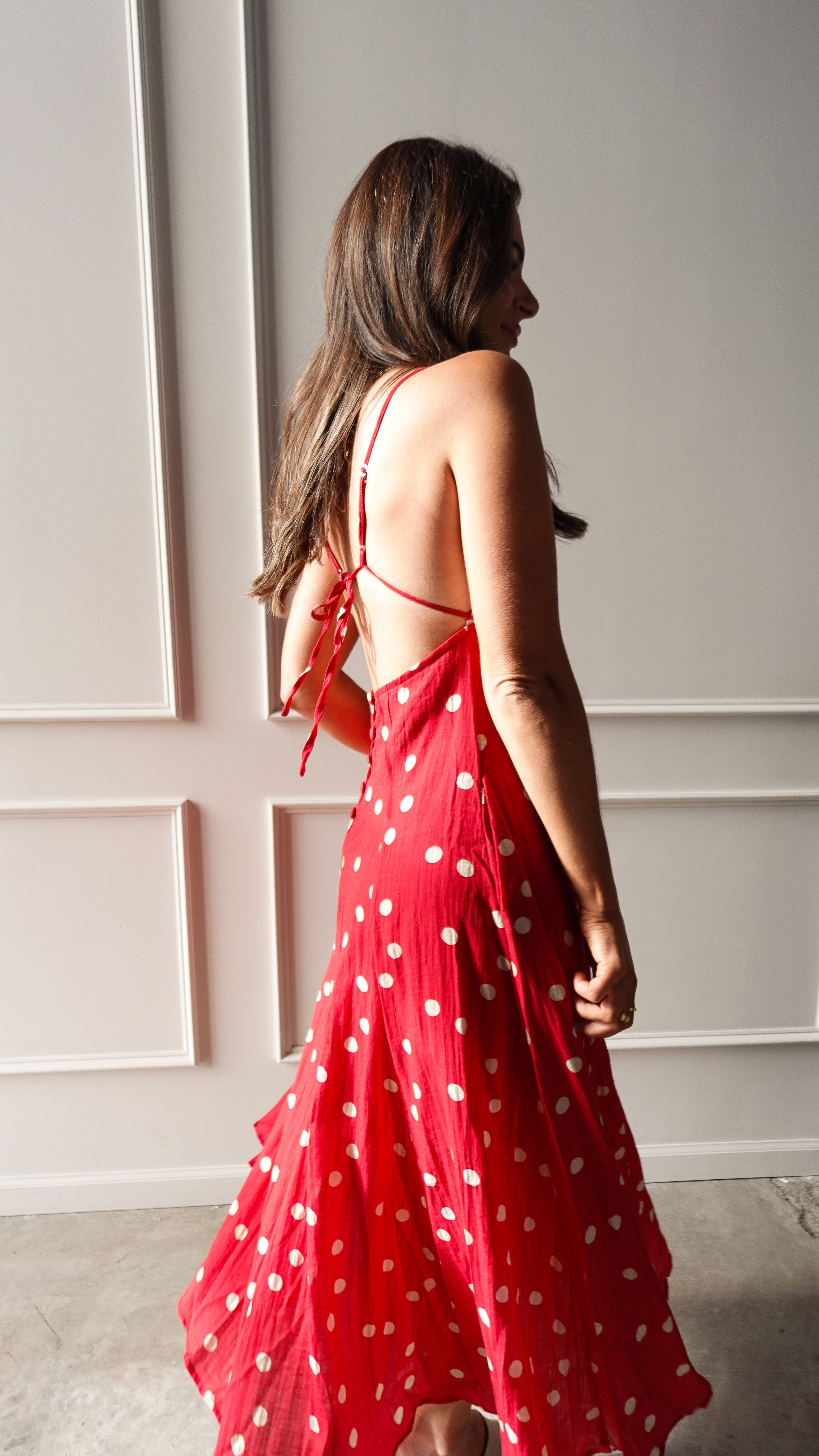 Red Polka Dot Linen Dress | Elegant Women's Fashion by coolavocek