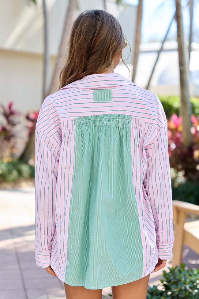 Palm Grove Light Pink and Green Multi Stripe Button Down Shirt | Elegant Women's Fashion by coolavocek