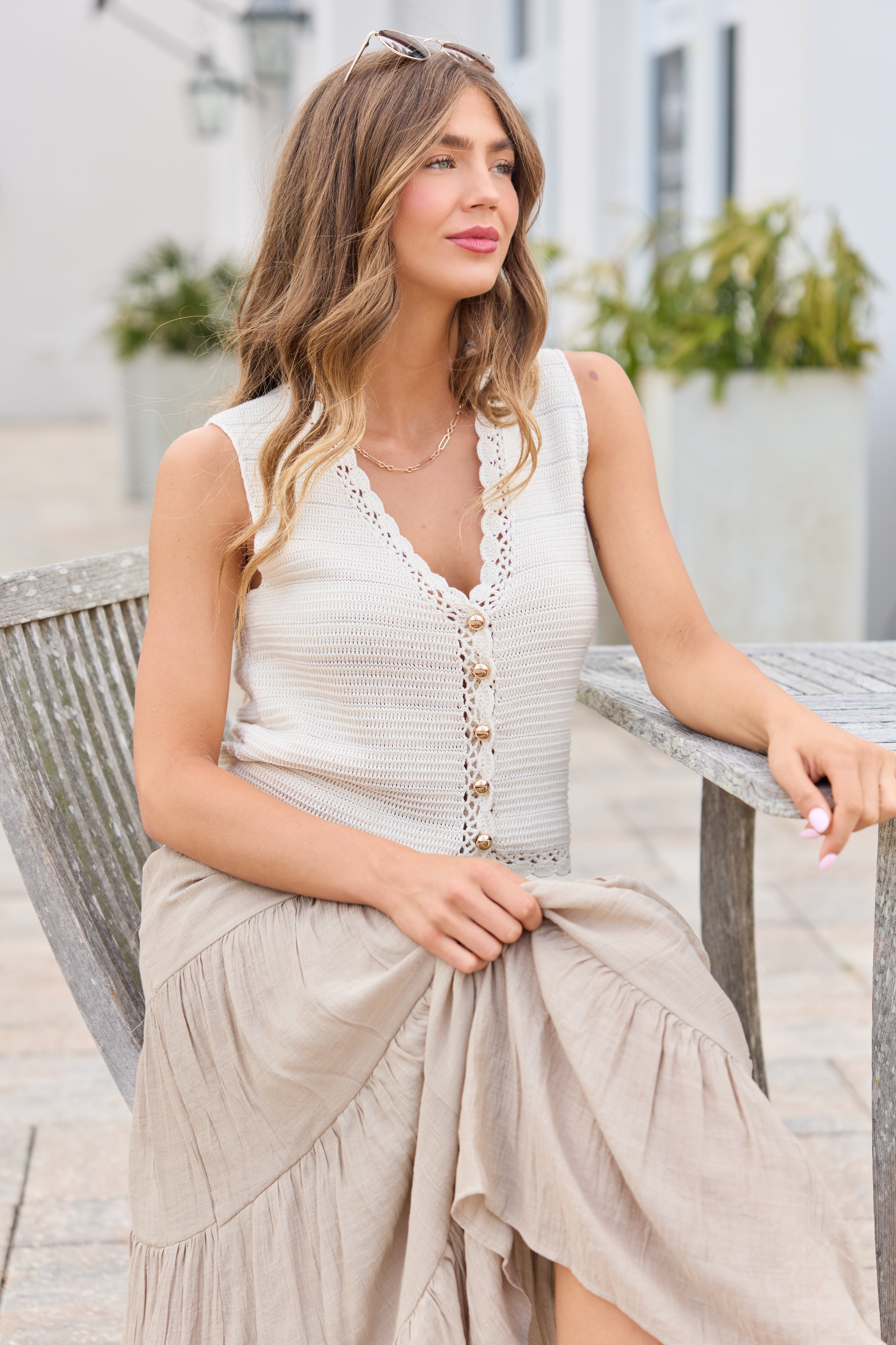 Waves Of Bliss Beige Crochet Sweater Tank Vest | Elegant Women's Fashion by coolavocek