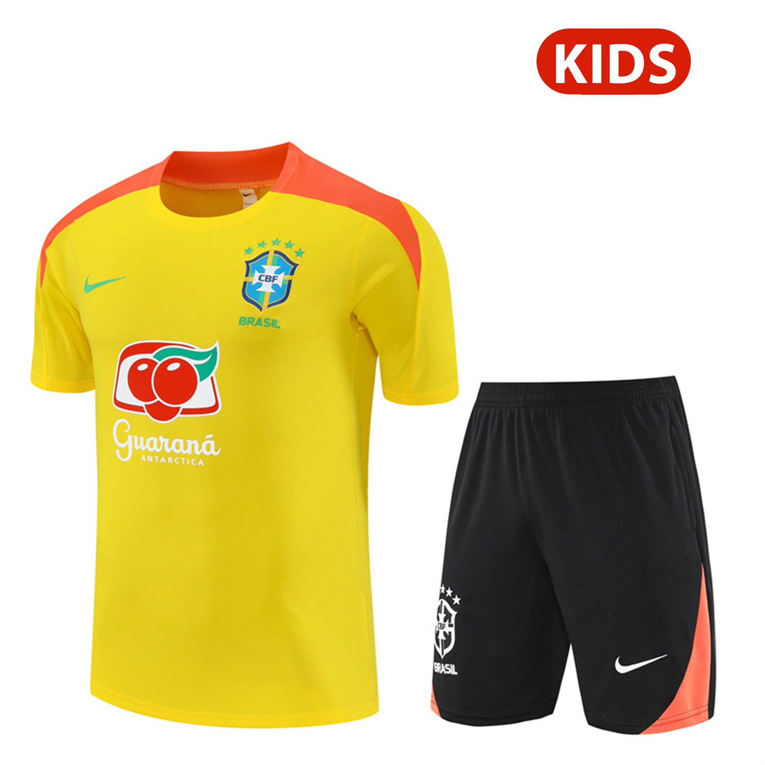 AlphaJersey-Brazil 25-26 Kids Short-Sleeve Training Set - Yellow Top & Black Shorts