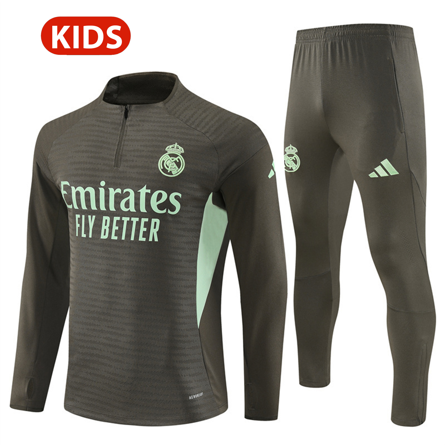 AlphaJersey-Real Madrid 25-26 Kids Long Sleeve Training Set - Player Version - Khaki Top and Khaki Pants