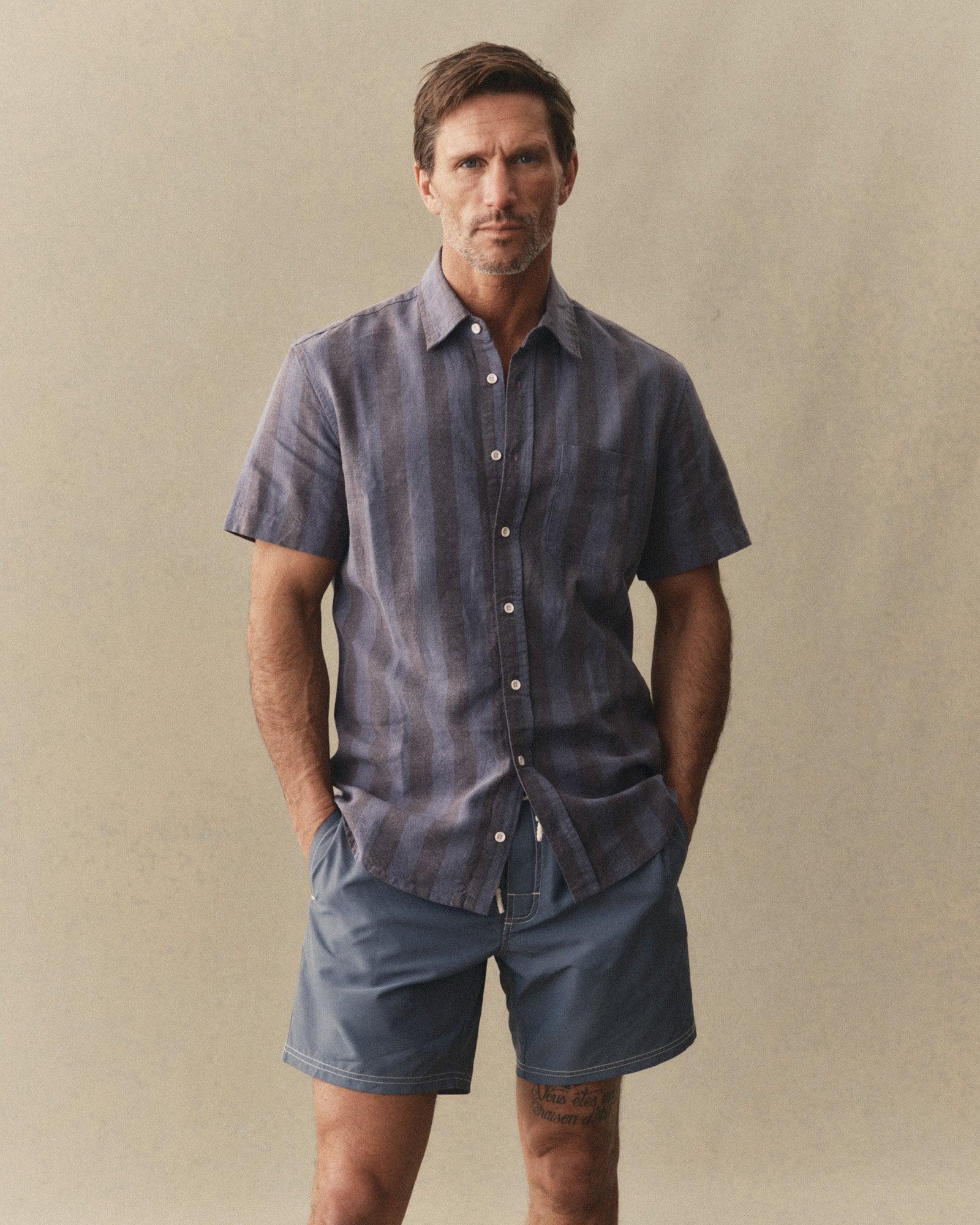 The Short Sleeve California in Blue Stone Stripe Hemp | Modern Menswear by yycbvcnbmmnbm