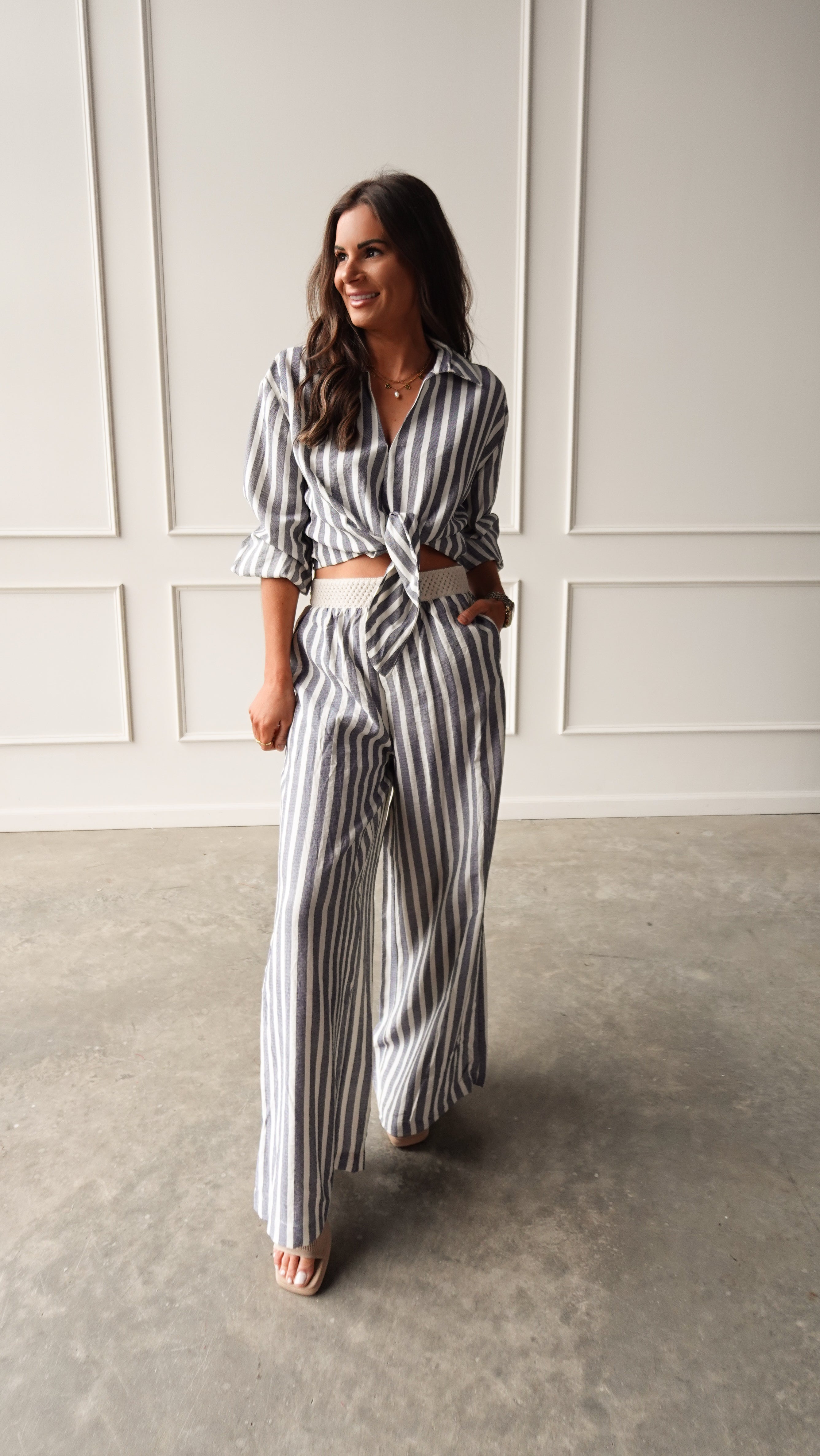 Chambray Striped Elastic Waist Pant | Elegant Women's Fashion by coolavocek