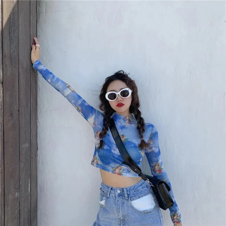 New Angel Print Sheer Blue Black Mesh Long Sleeve Blouse Shirts Women Summer Autumn Pullovers Elegant Sexy See Through Tops