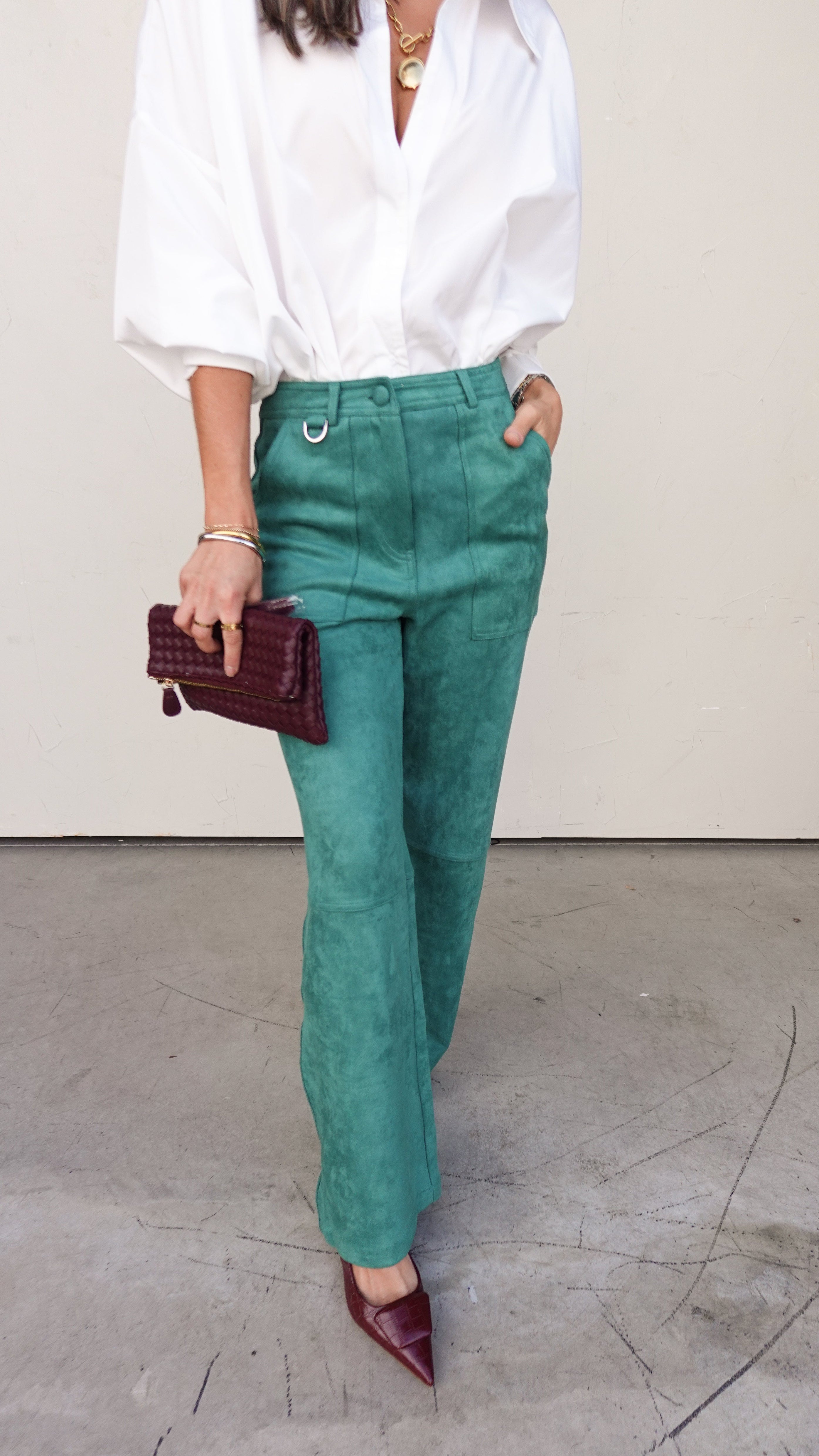 Green Suede Utility Pant | Elegant Women's Fashion by coolavocek
