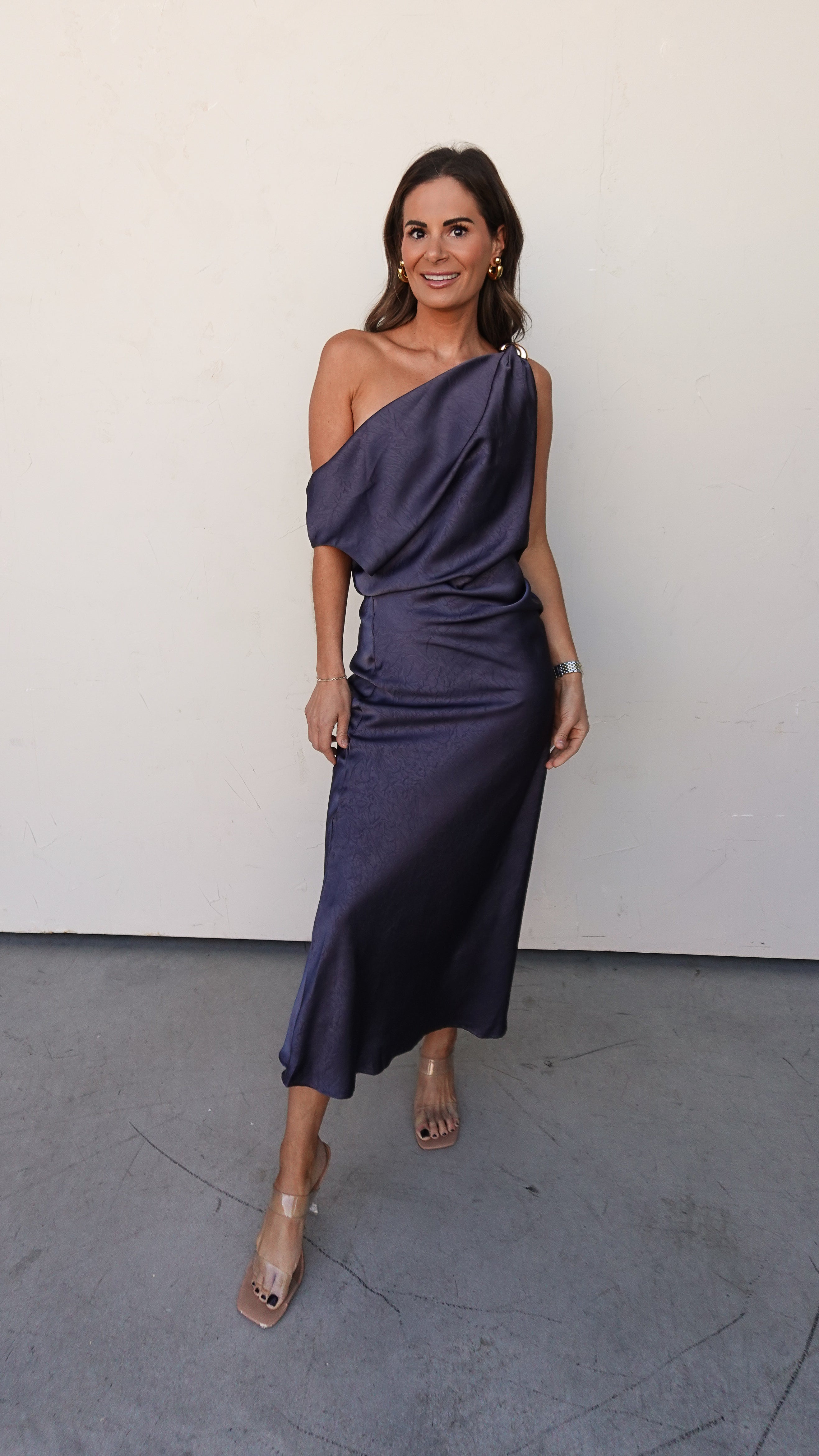 Midnight Satin Midi Dress with Gold Detail | Elegant Women's Fashion by coolavocek