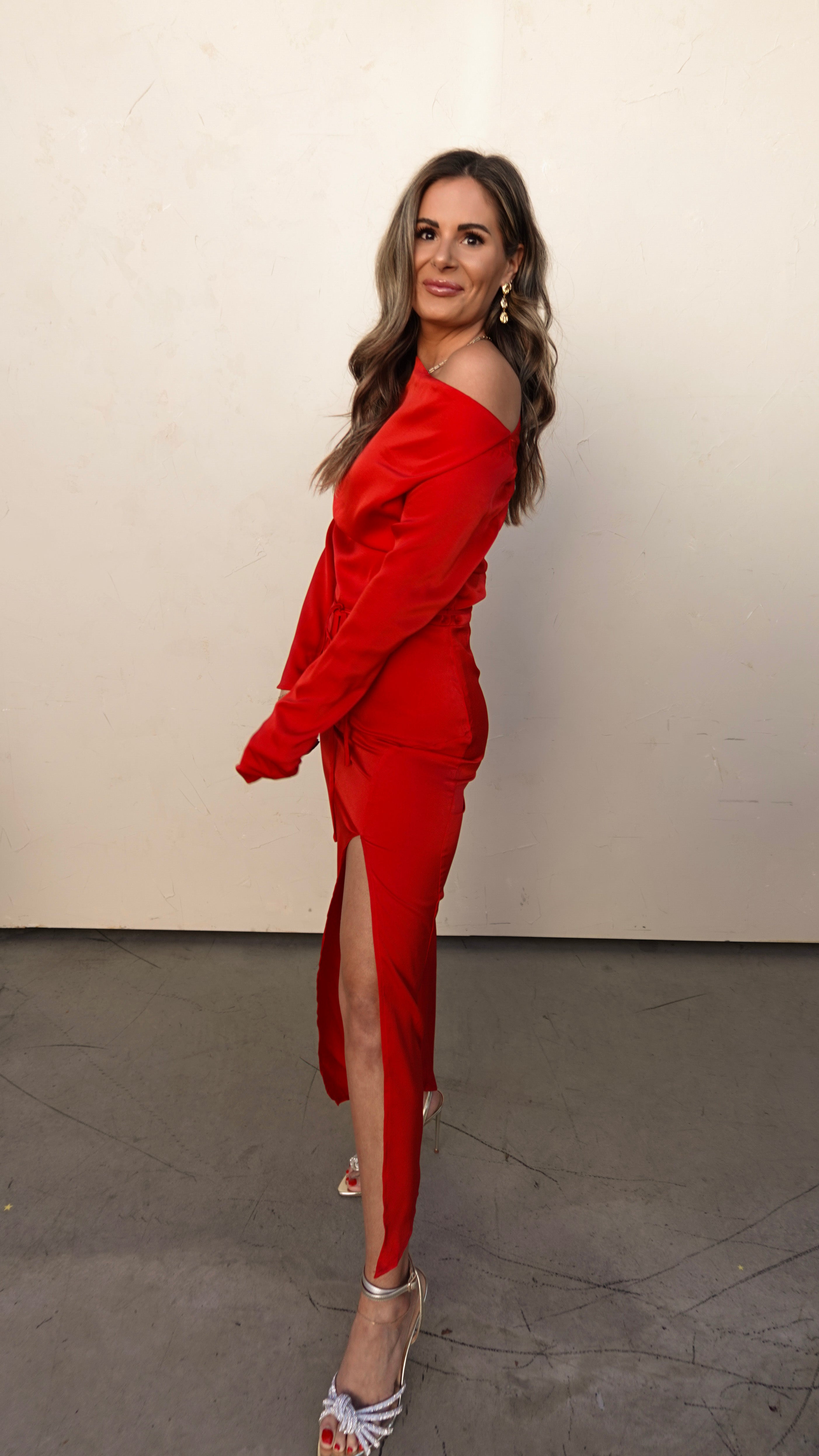 Red Long Sleeve One Shoulder Dress | Elegant Women's Fashion by coolavocek