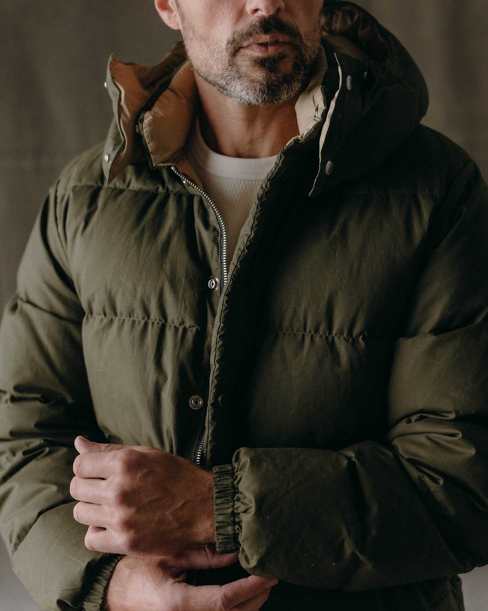 The Down Sweater in Olive Waxed Ripstop | Modern Menswear by yycbvcnbmmnbm