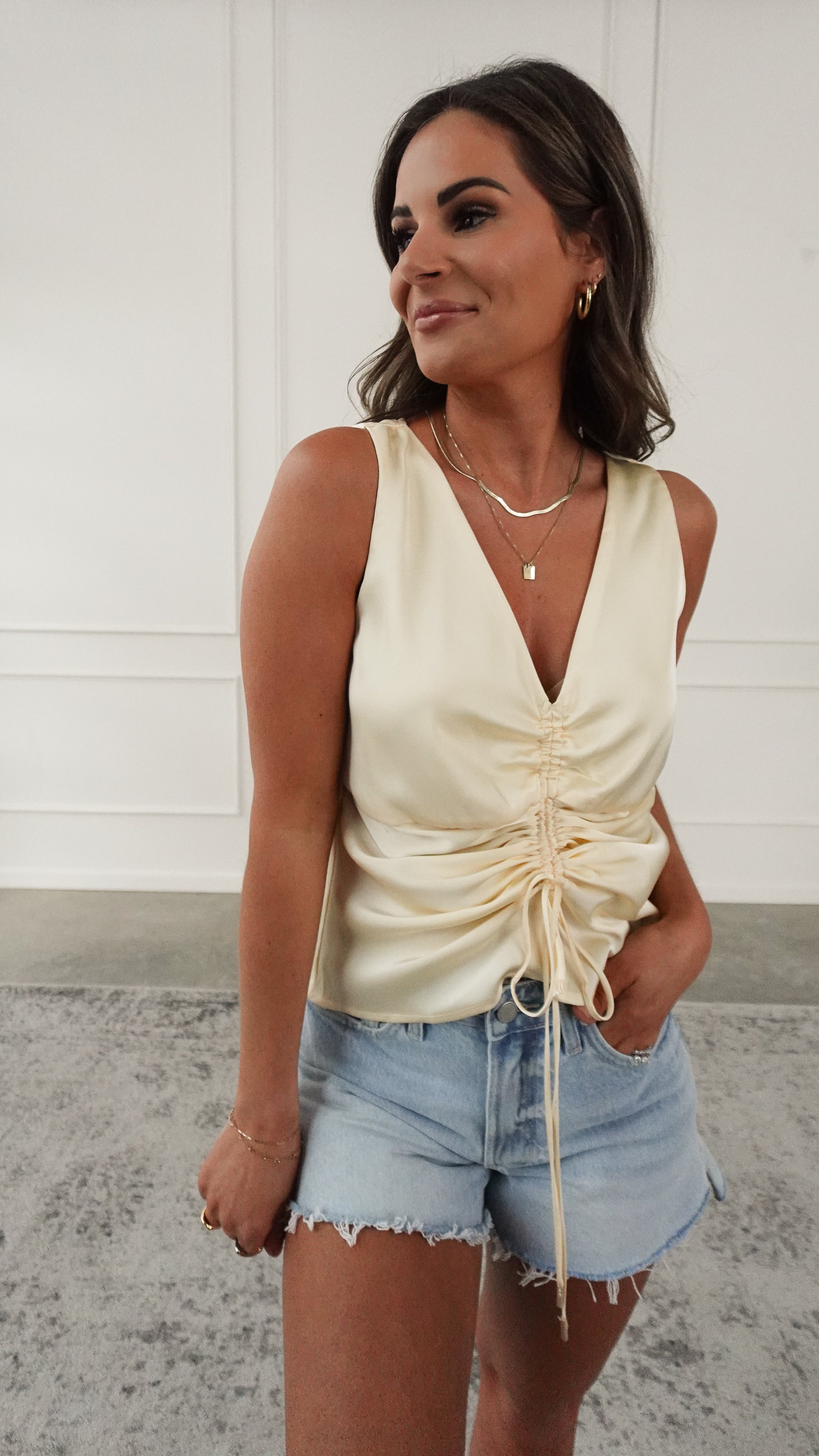 Yellow Satin Ruched Sleeveless Top | Elegant Women's Fashion by coolavocek