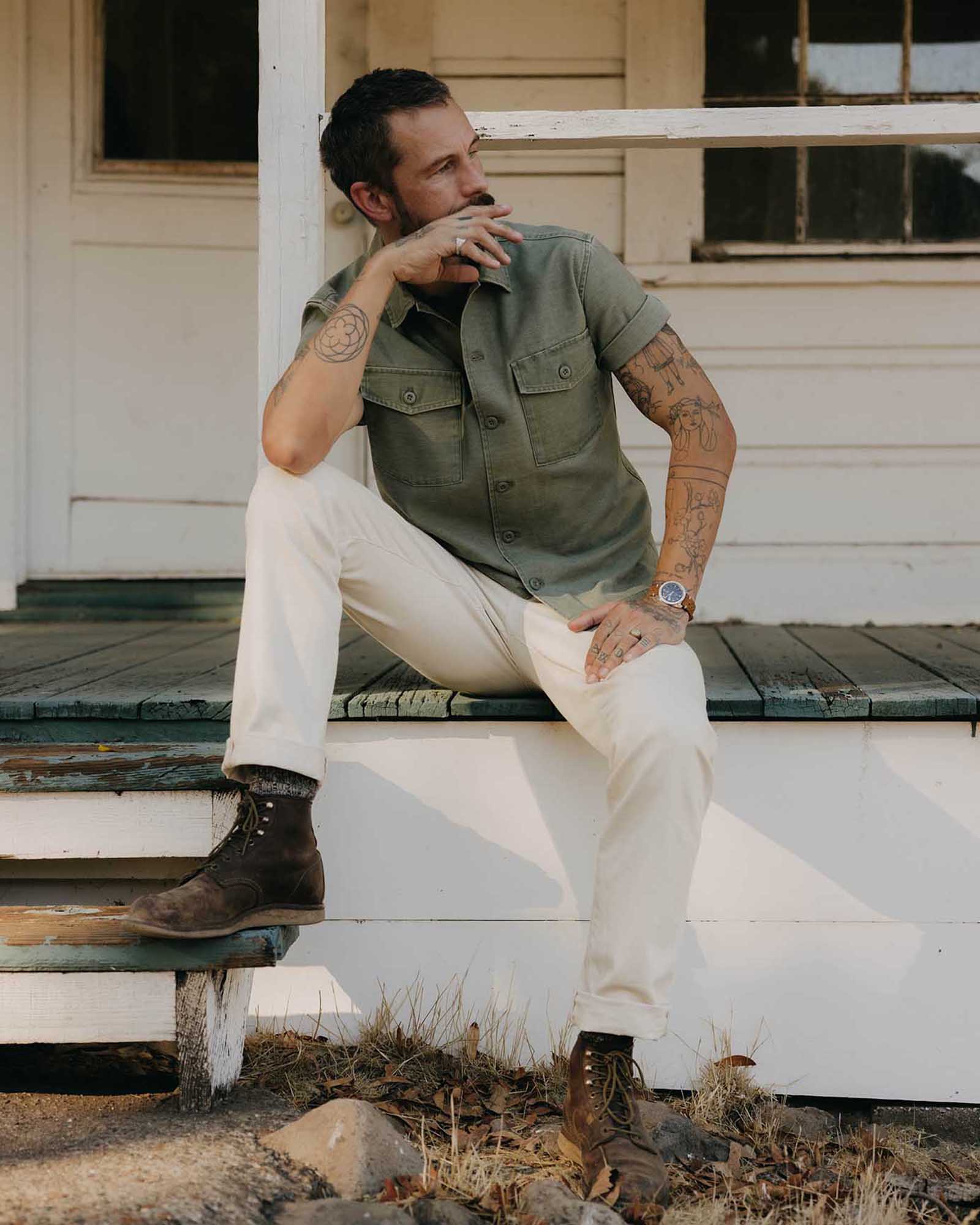 The Short Sleeve Surplus Shirt in Field Olive Reverse Sateen | Modern Menswear by yycbvcnbmmnbm