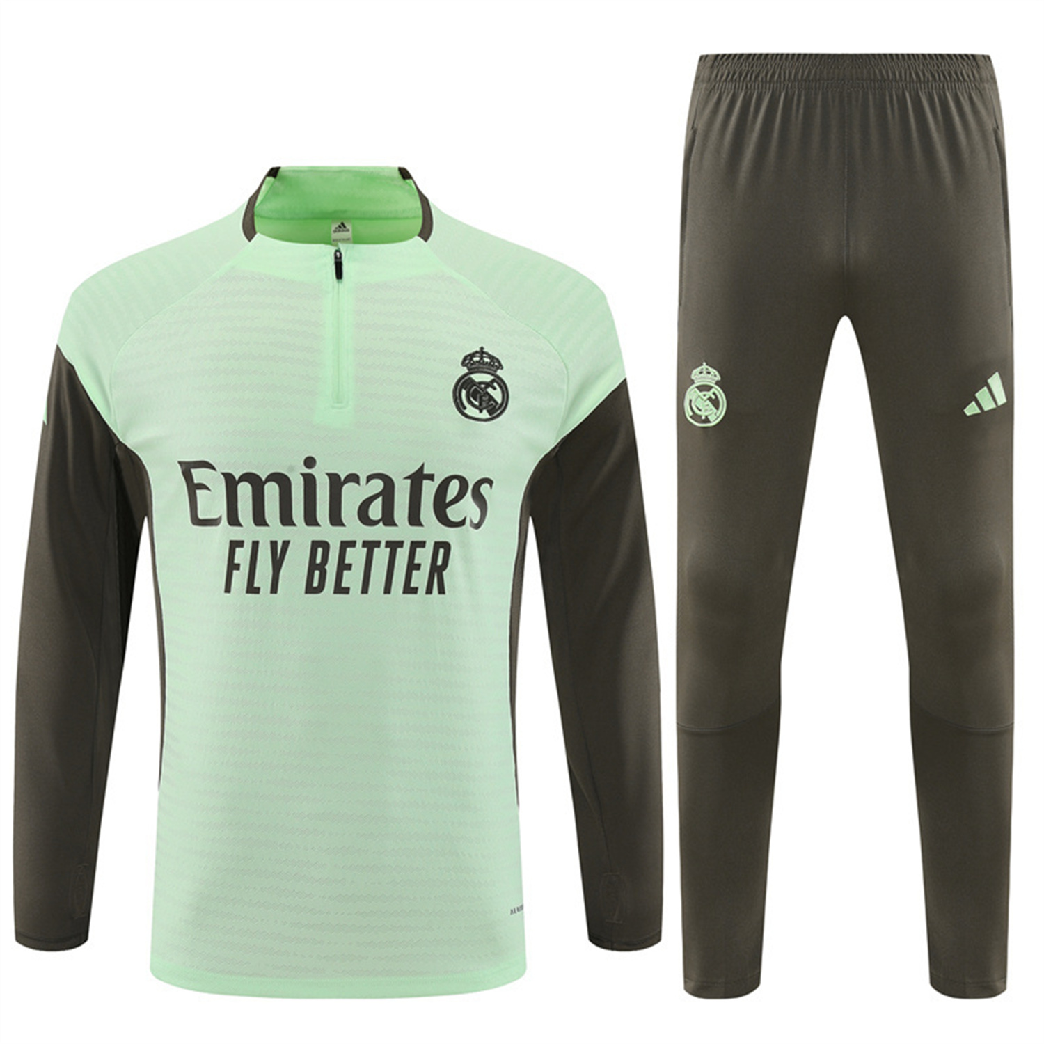 AlphaJersey-Real Madrid 25-26 Kids Long Sleeve Training Set - Player Version - Light Green Top and Khaki Pants