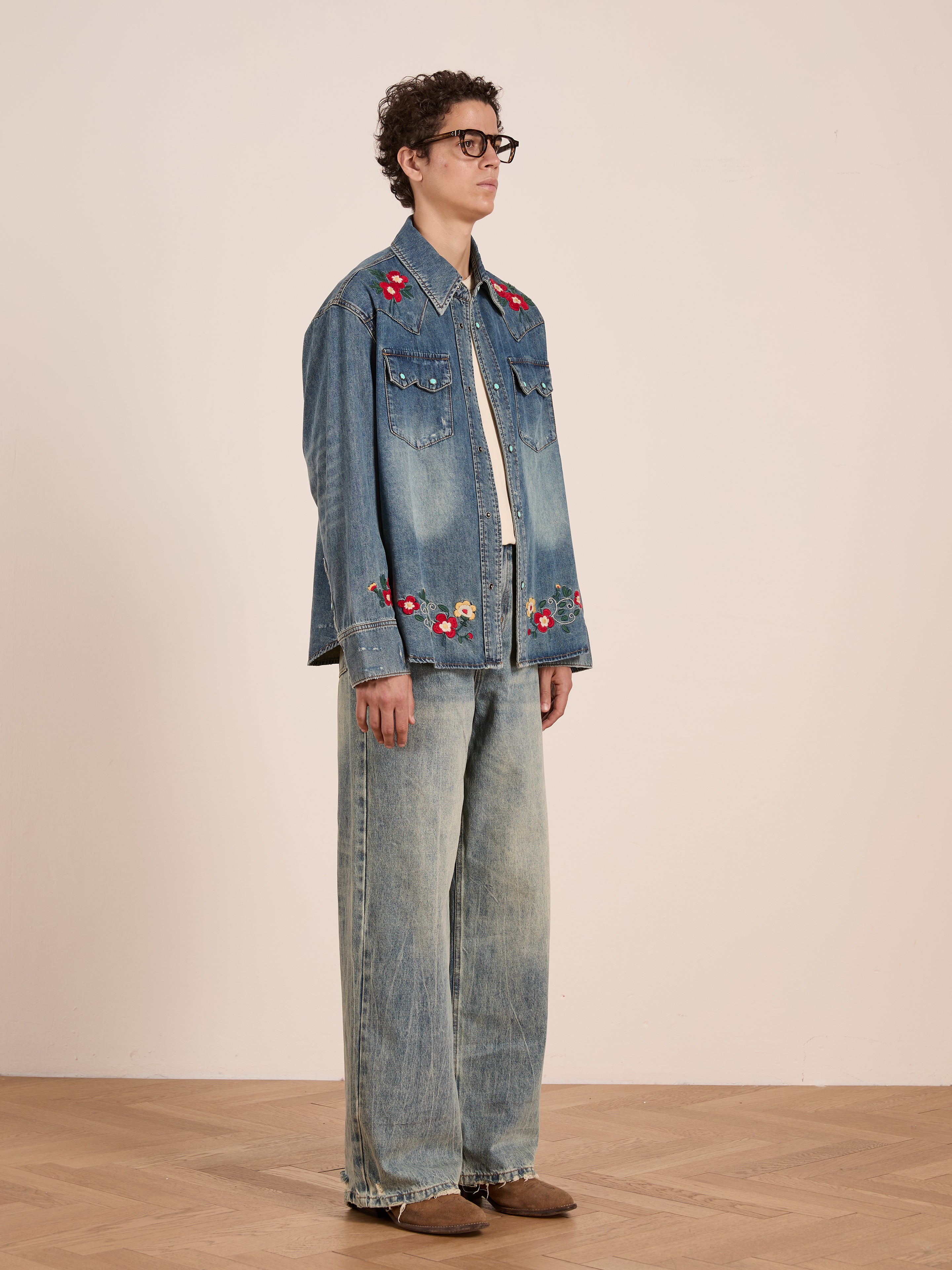 Floral Embroidered Western Denim Shirt | Modern Menswear by yycbvcnbmmnbm
