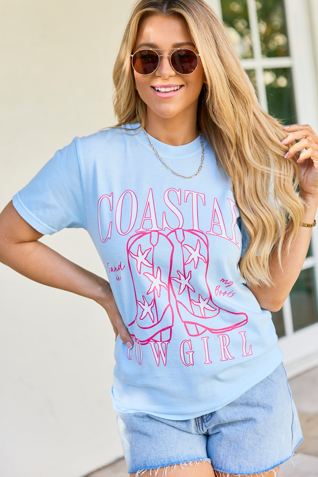Coastal Cowgirl Boots Light Blue Graphic Tee | Elegant Women's Fashion by coolavocek