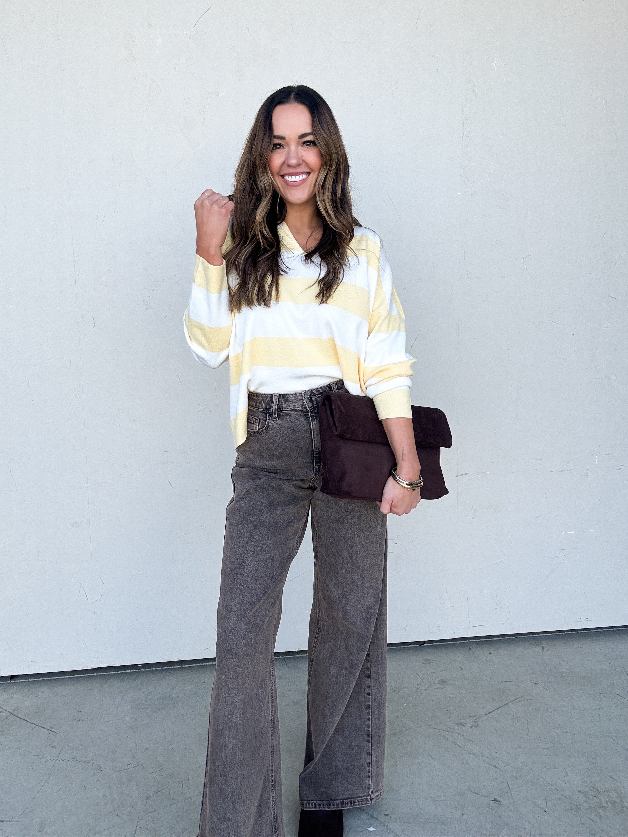 Yellow Striped Split-Neck Sweater | Elegant Women's Fashion by coolavocek