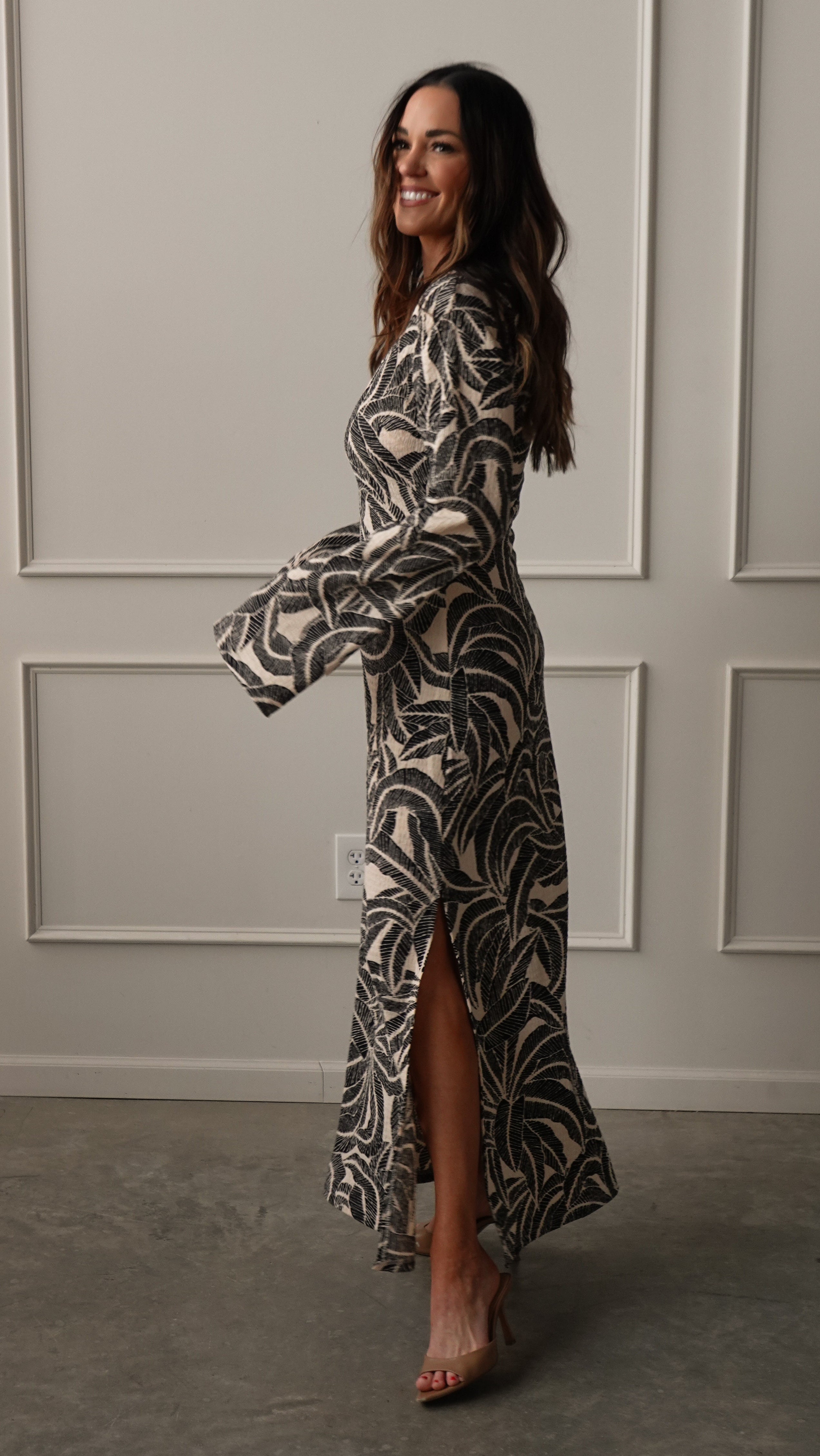 Midnight Palm Long Sleeve Dress | Elegant Women's Fashion by coolavocek