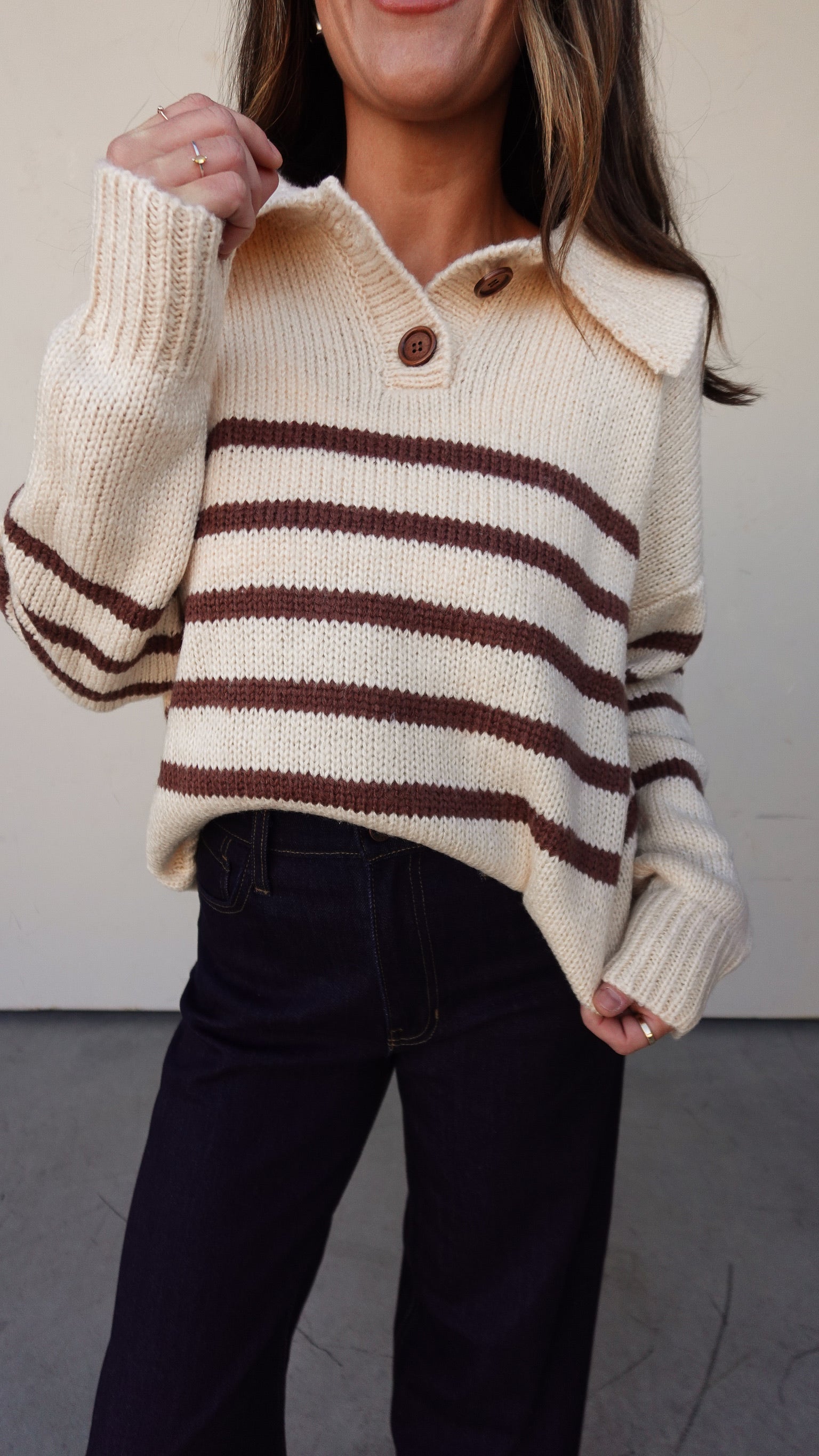 Cream/Brown Striped Button Collar Sweater | Elegant Women's Fashion by coolavocek