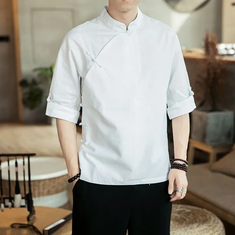 Summer Autumn 5XL Chinese Style Stand Collar Half Sleeve Shirt Homme Loose Casual Solid Color Pullover Top Male Vintage Blouse