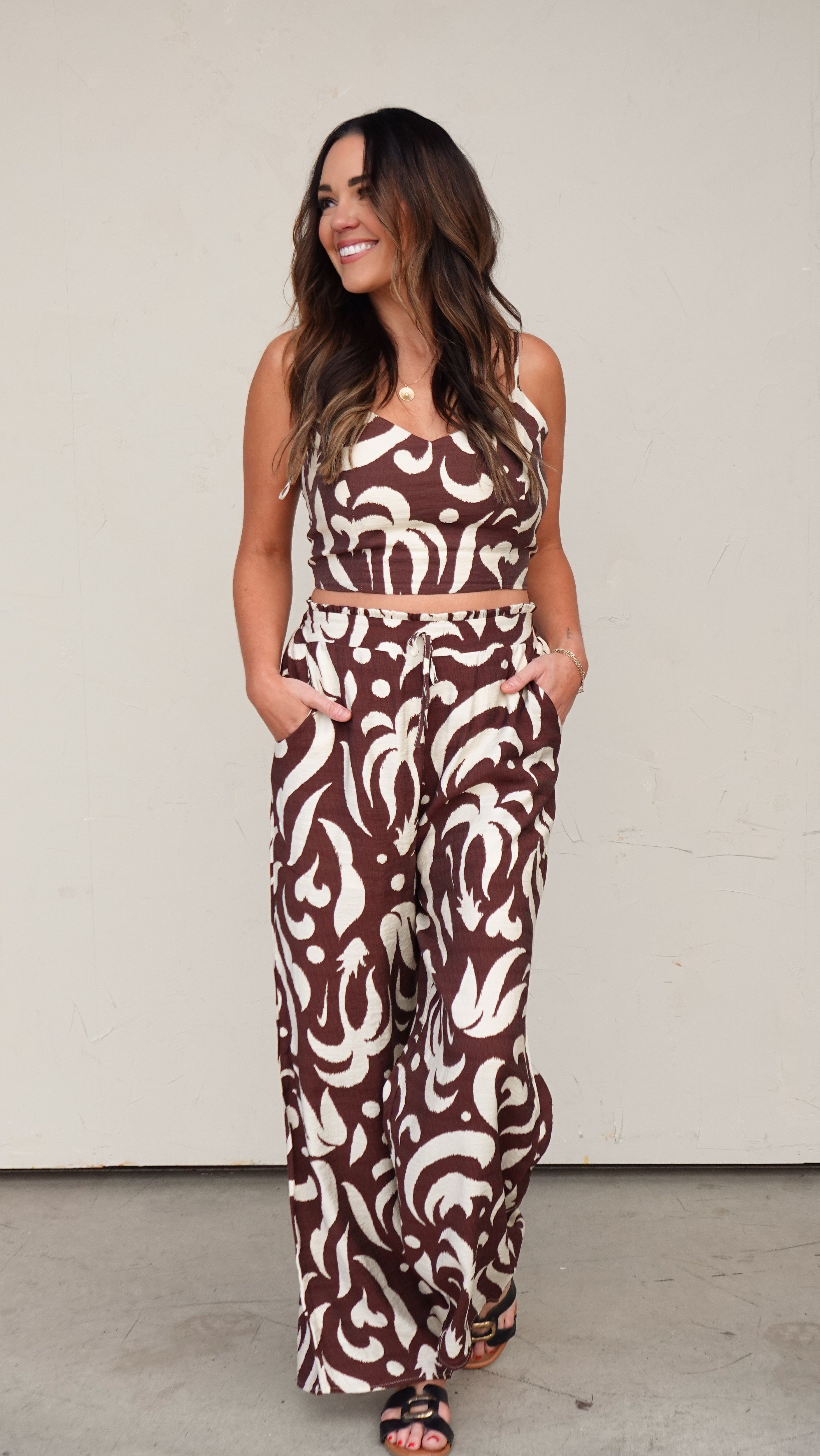 Brown Patterned Top/Pant Set | Elegant Women's Fashion by coolavocek