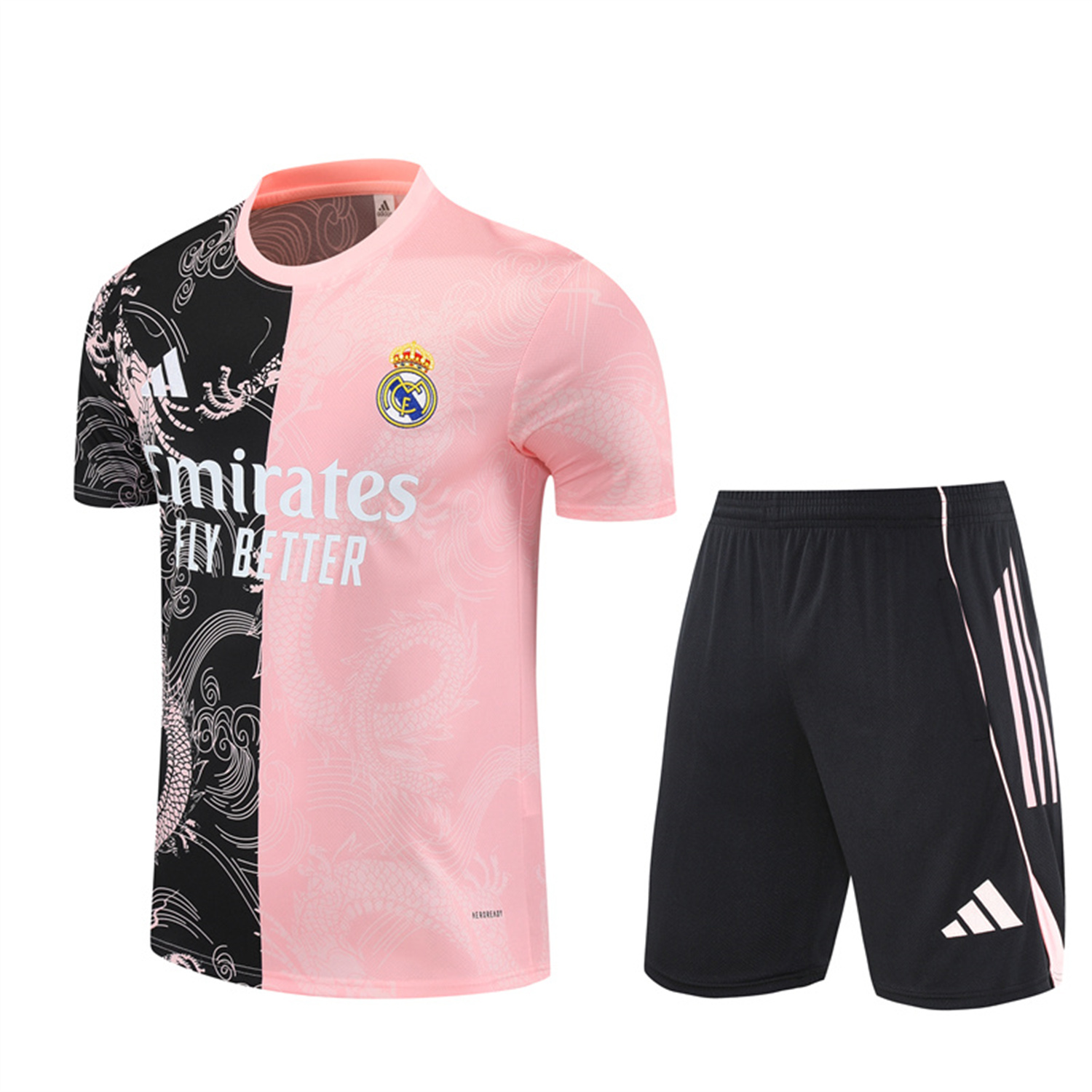 AlphaJersey-Real Madrid 25-26 Short-Sleeve Training Set - Pink Black Top & Black Shorts