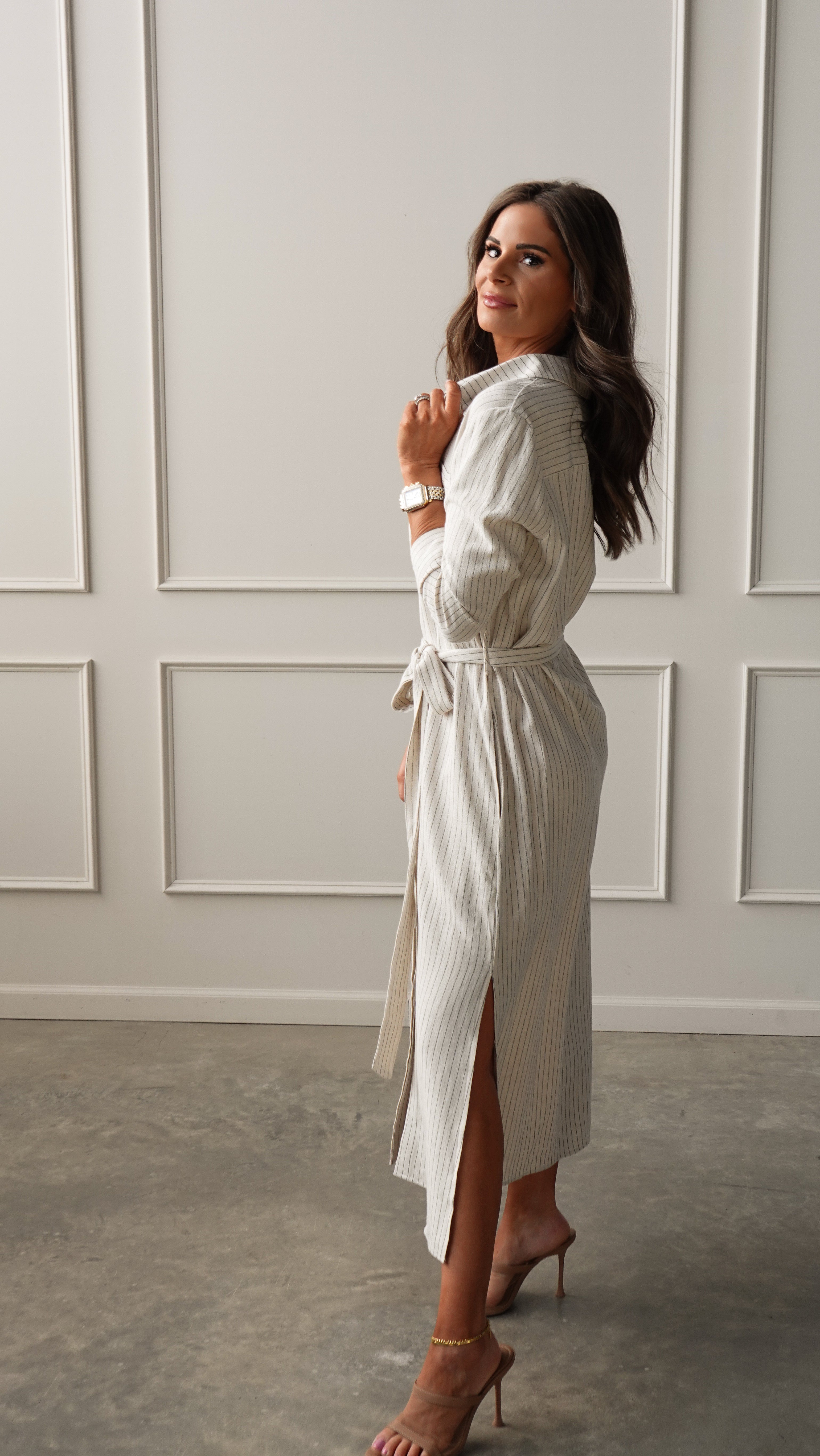 Pinstripe Woven Shirt Dress | Elegant Women's Fashion by coolavocek