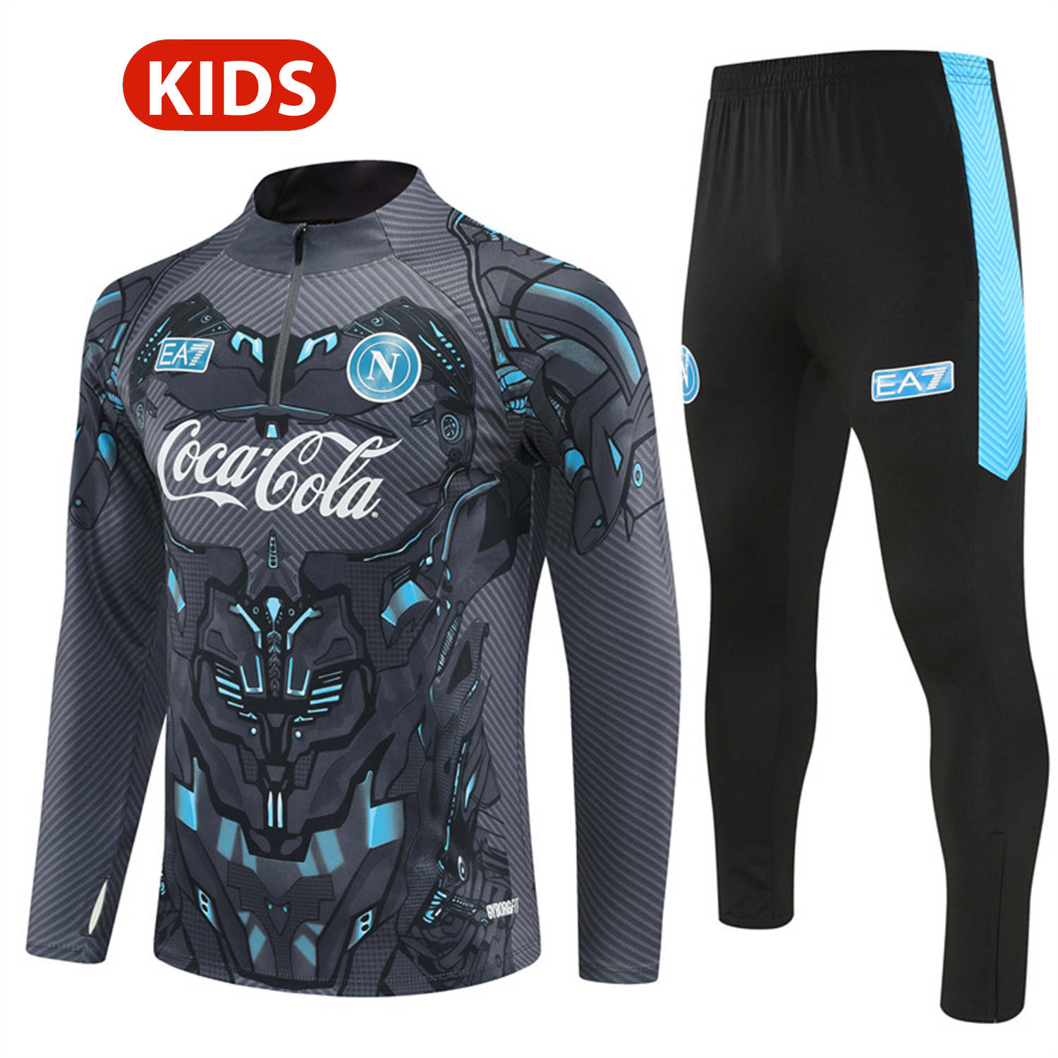 AlphaJersey-Napoli 25-26 Kids Long Sleeve Training Set - Gray Mecha Top & Black Pants