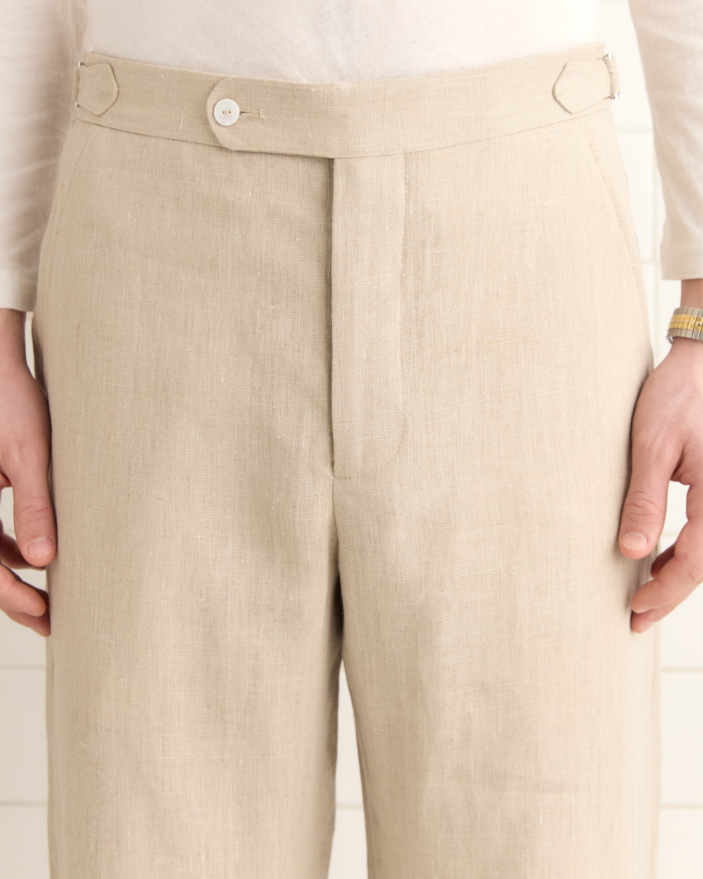 Lightweight Linen Side-Buckle Trousers - Wheat | Modern Menswear by yycbvcnbmmnbm