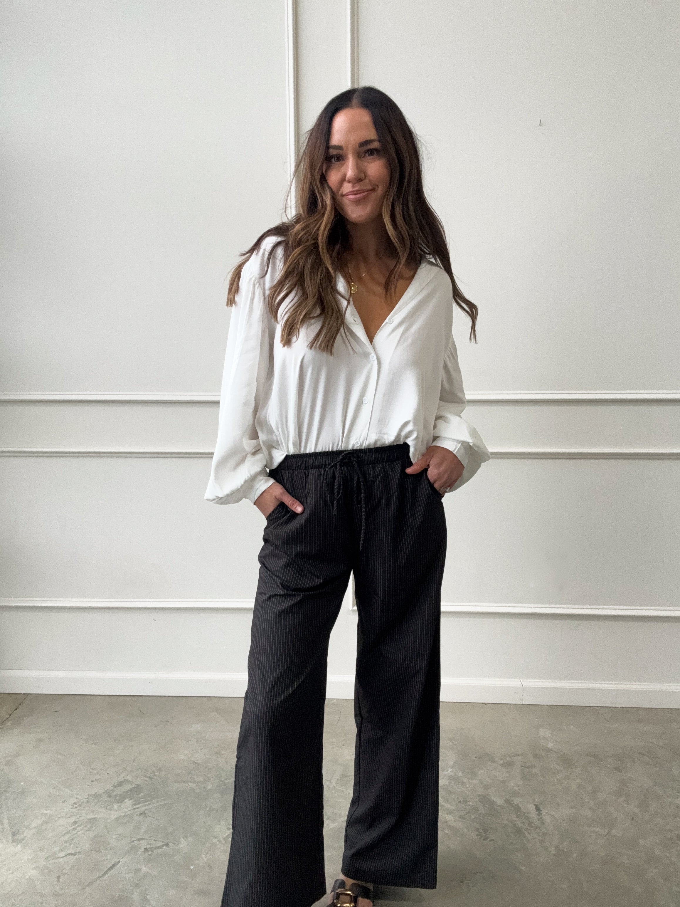 Black Pinstripe Elastic-Waist Pant | Elegant Women's Fashion by coolavocek