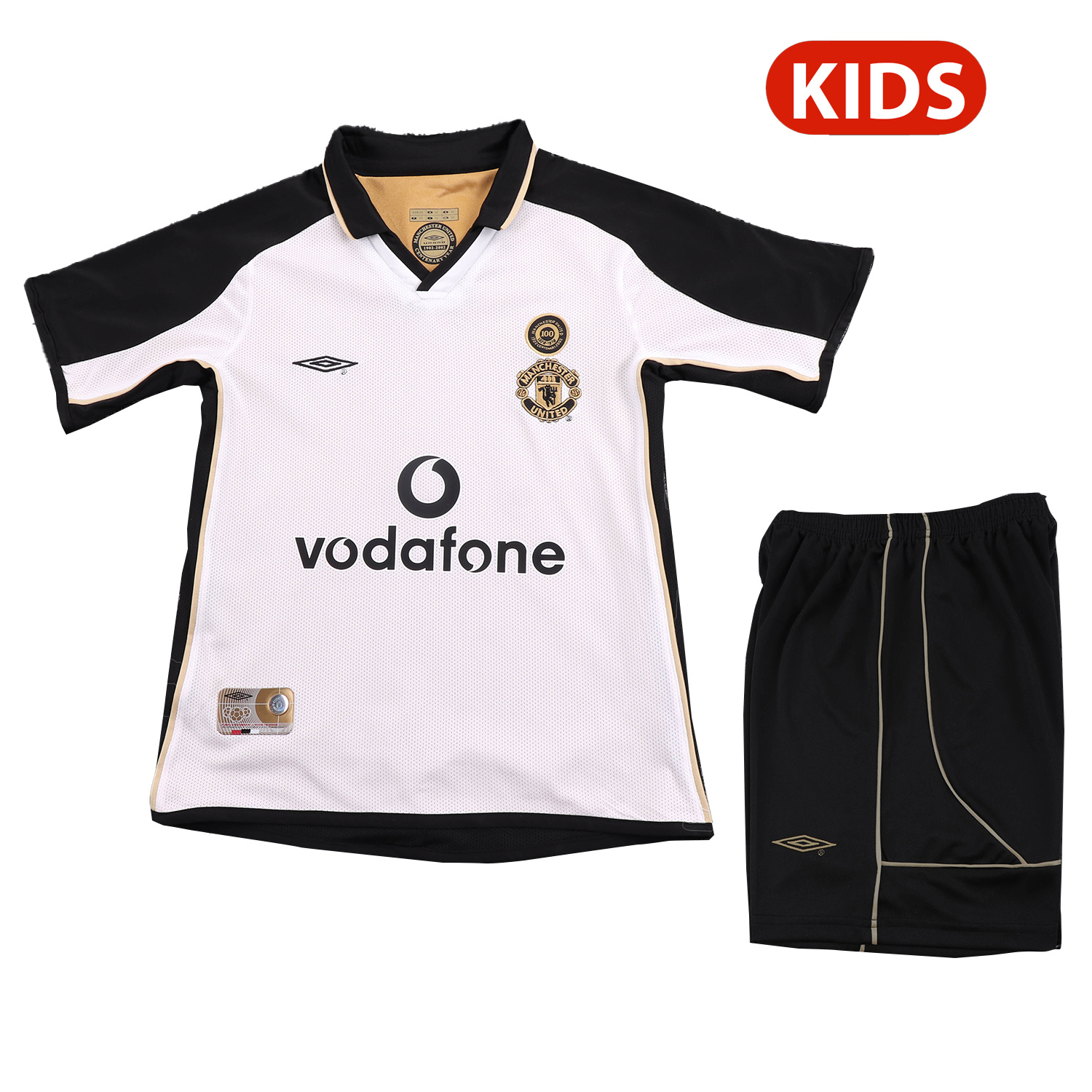 AlphaJersey-Retro Manchester United 2001-02 100th Centery Kids Kit - White