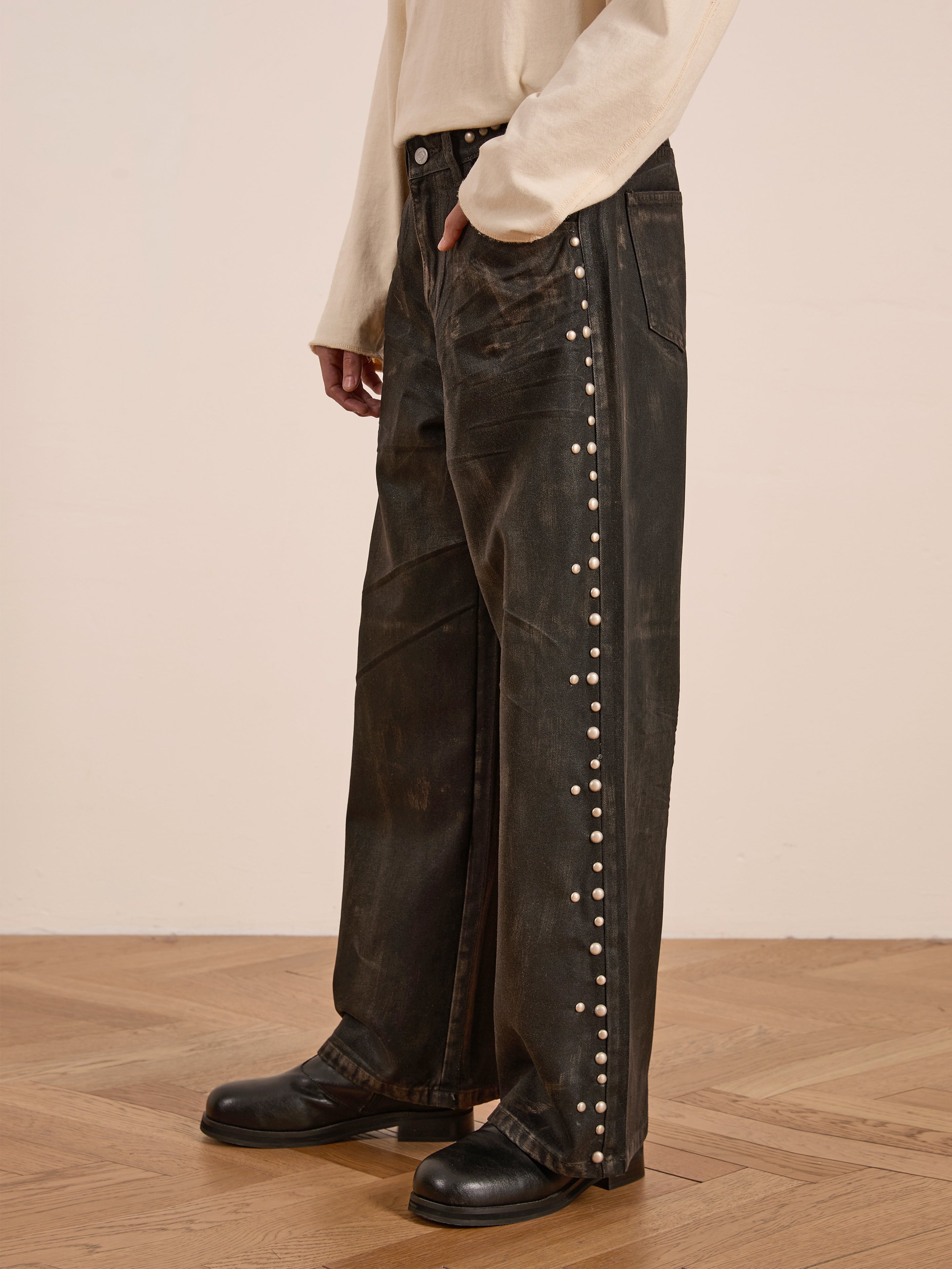 Waxed Studded Jeans | Modern Menswear by yycbvcnbmmnbm