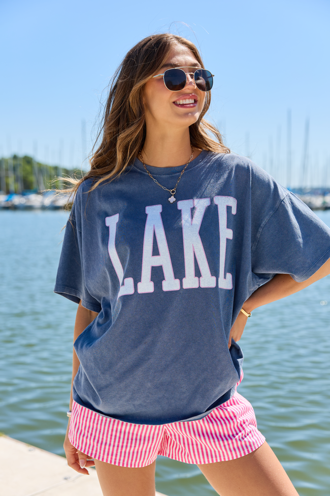 Lake Block Navy Oversized Graphic Tee | Elegant Women's Fashion by coolavocek