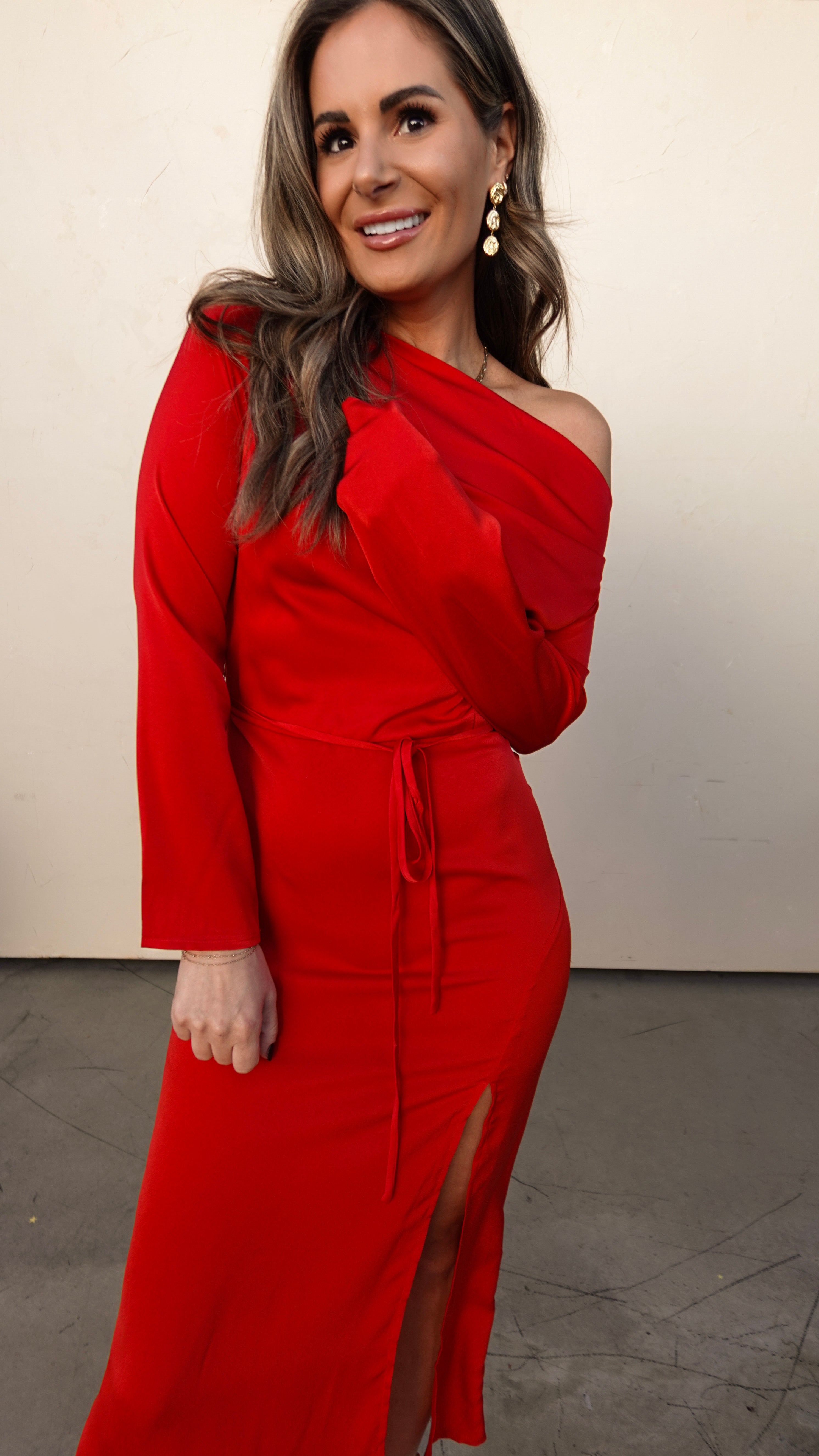 Red Long Sleeve One Shoulder Dress | Elegant Women's Fashion by coolavocek