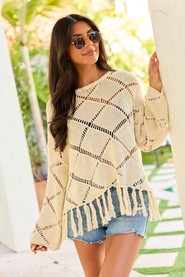 Fawna Taupe Fringe Crewneck Sweater | Elegant Women's Fashion by coolavocek