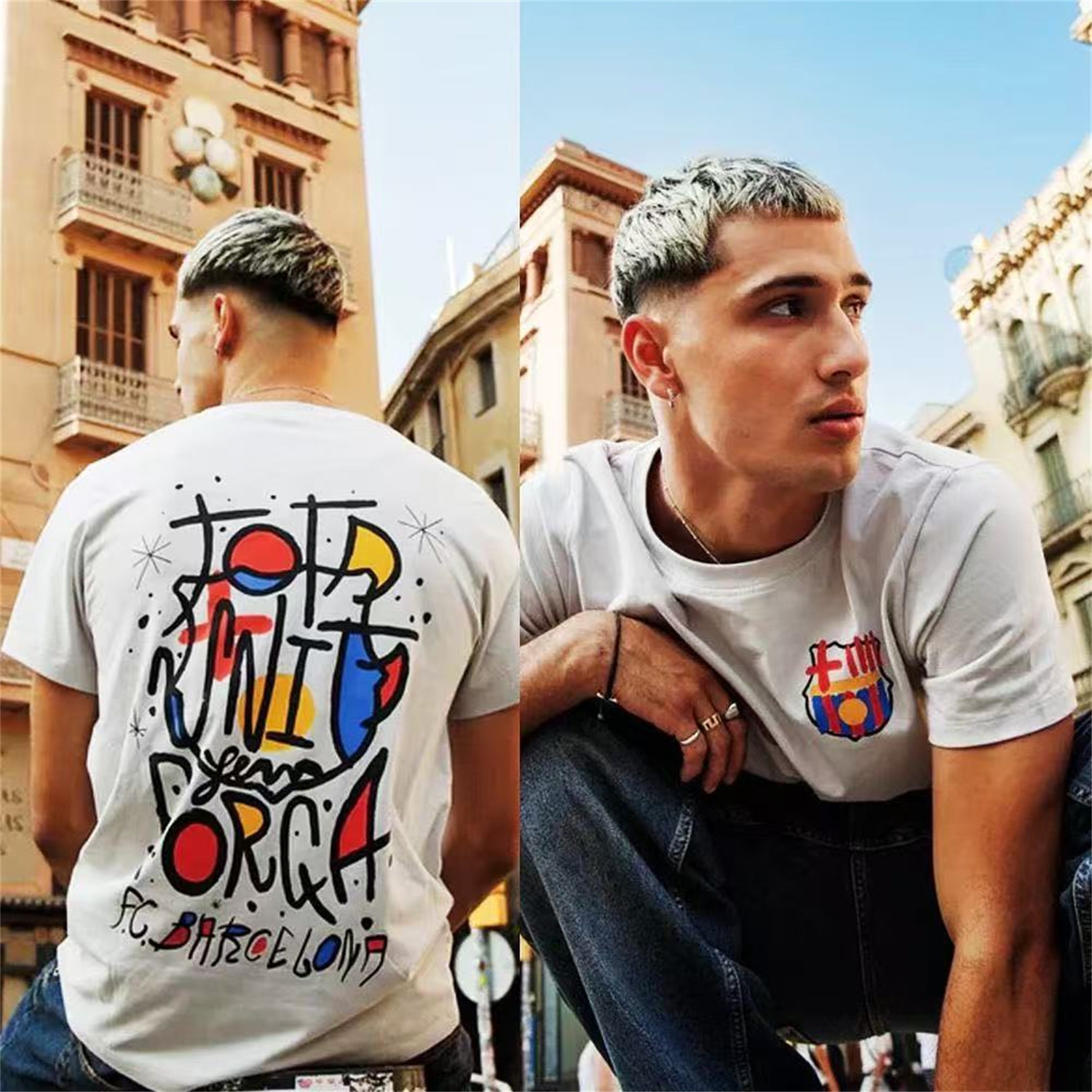 AlphaJersey-Barcelona Tots Units Fem Força Full-Color Drawing Of The Shield T-shirt【White】