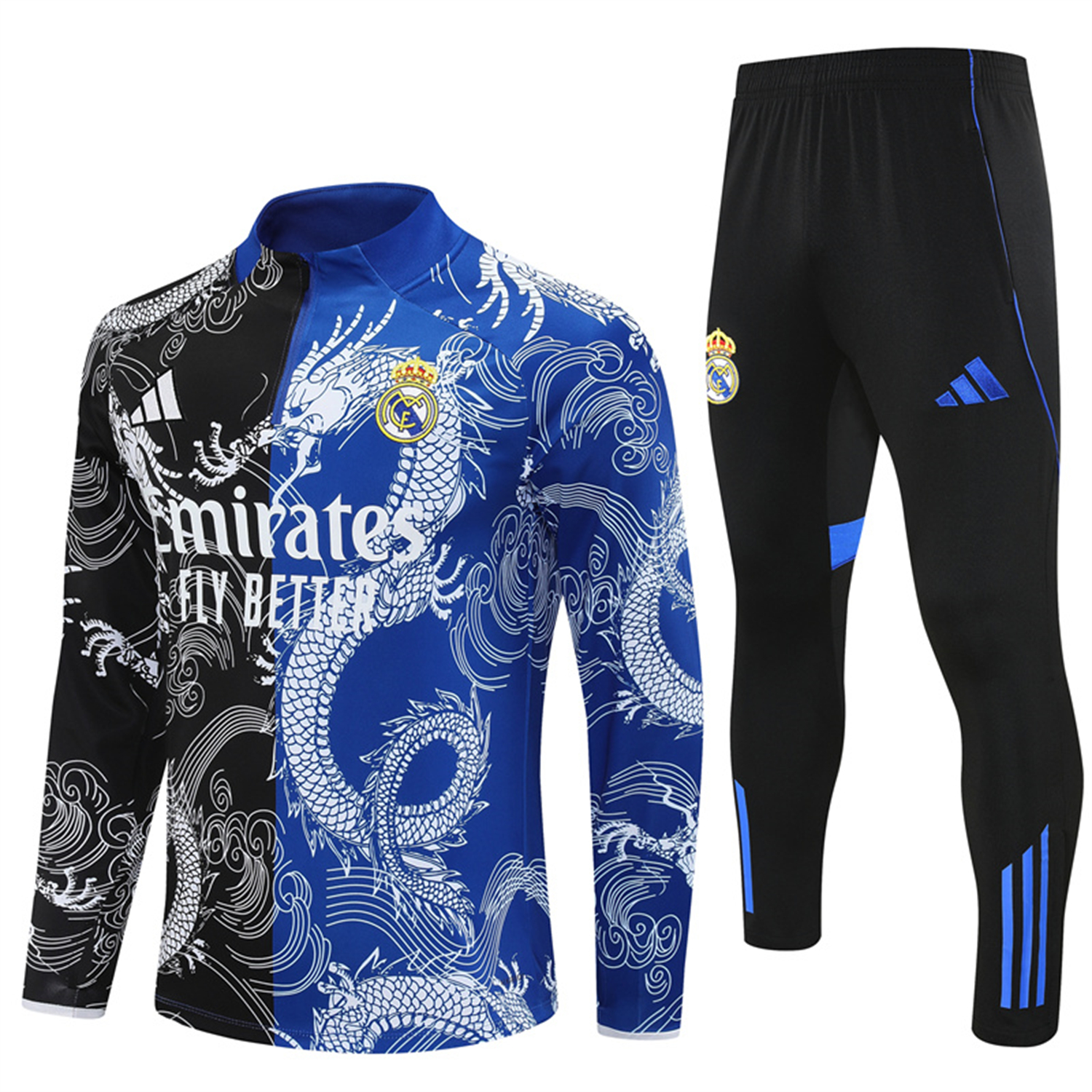 AlphaJersey-Real Madrid 25-26 Long Sleeve Training Set - White Loong Black Blue Top and Black Pants