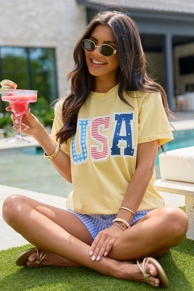 USA Lace Print Yellow Graphic Tee | Elegant Women's Fashion by coolavocek