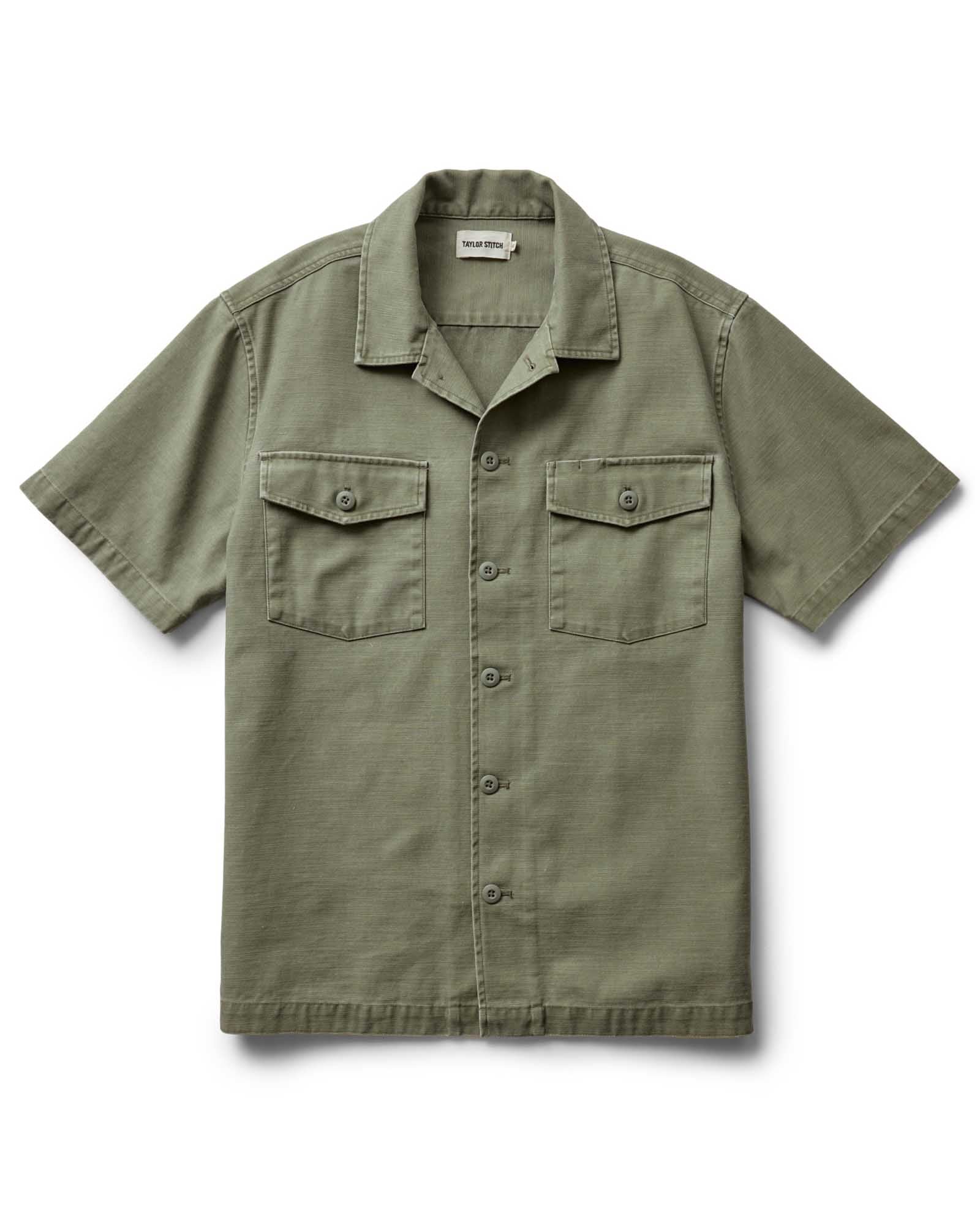The Short Sleeve Surplus Shirt in Field Olive Reverse Sateen | Modern Menswear by yycbvcnbmmnbm