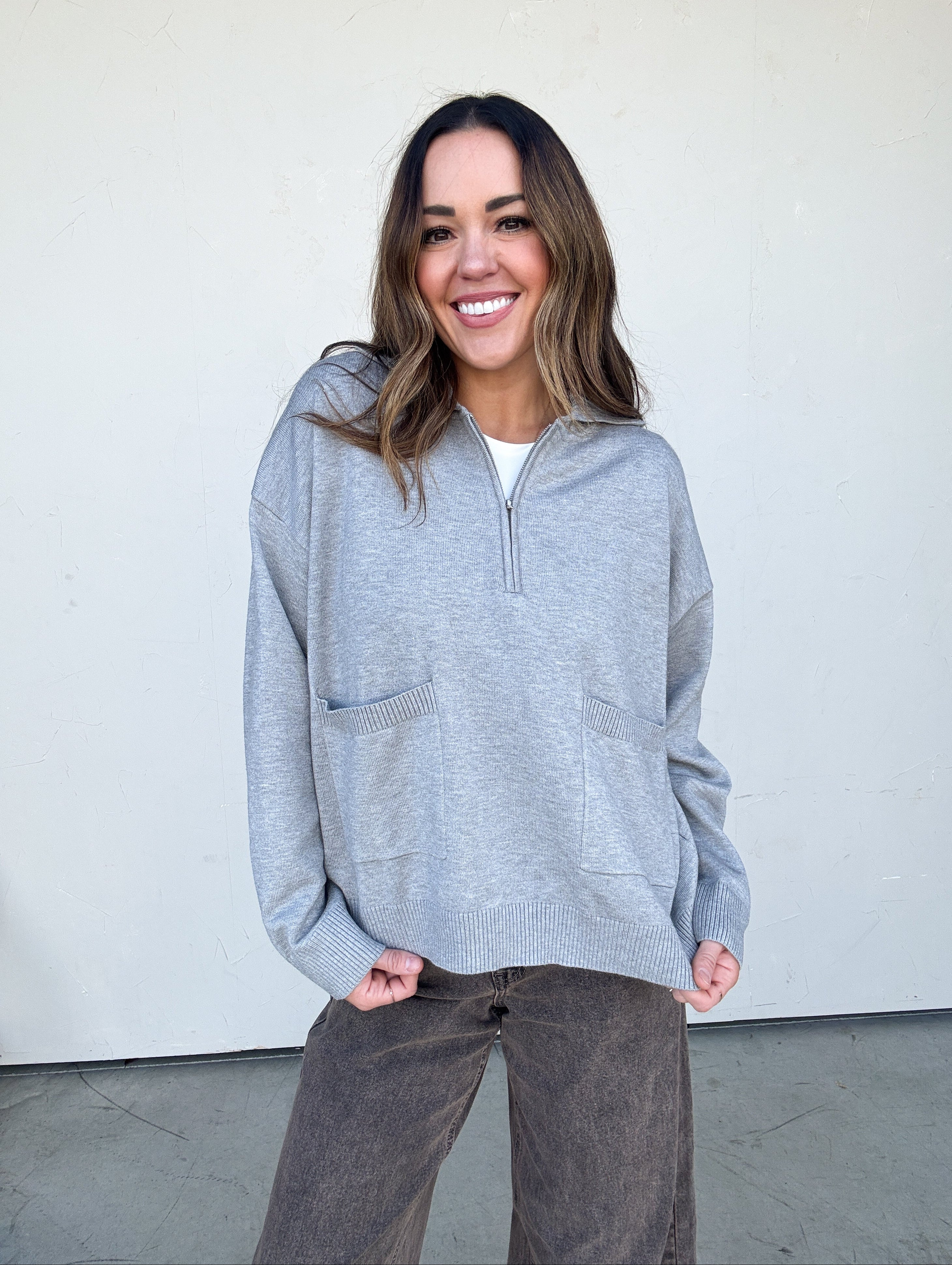 Grey Half Zip Sweater with Pockets | Elegant Women's Fashion by coolavocek