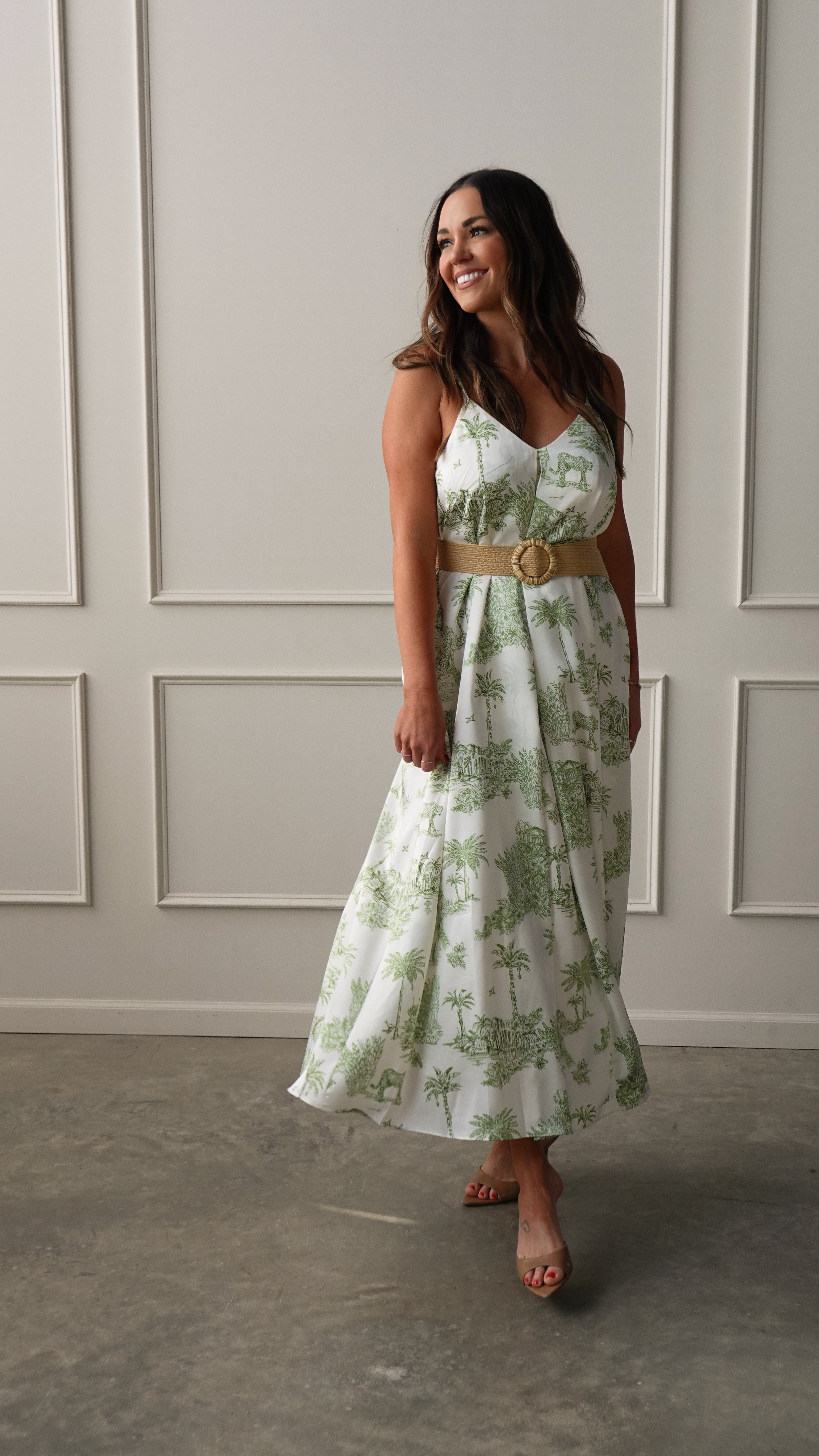 Palm Green Belted Dress | Elegant Women's Fashion by coolavocek