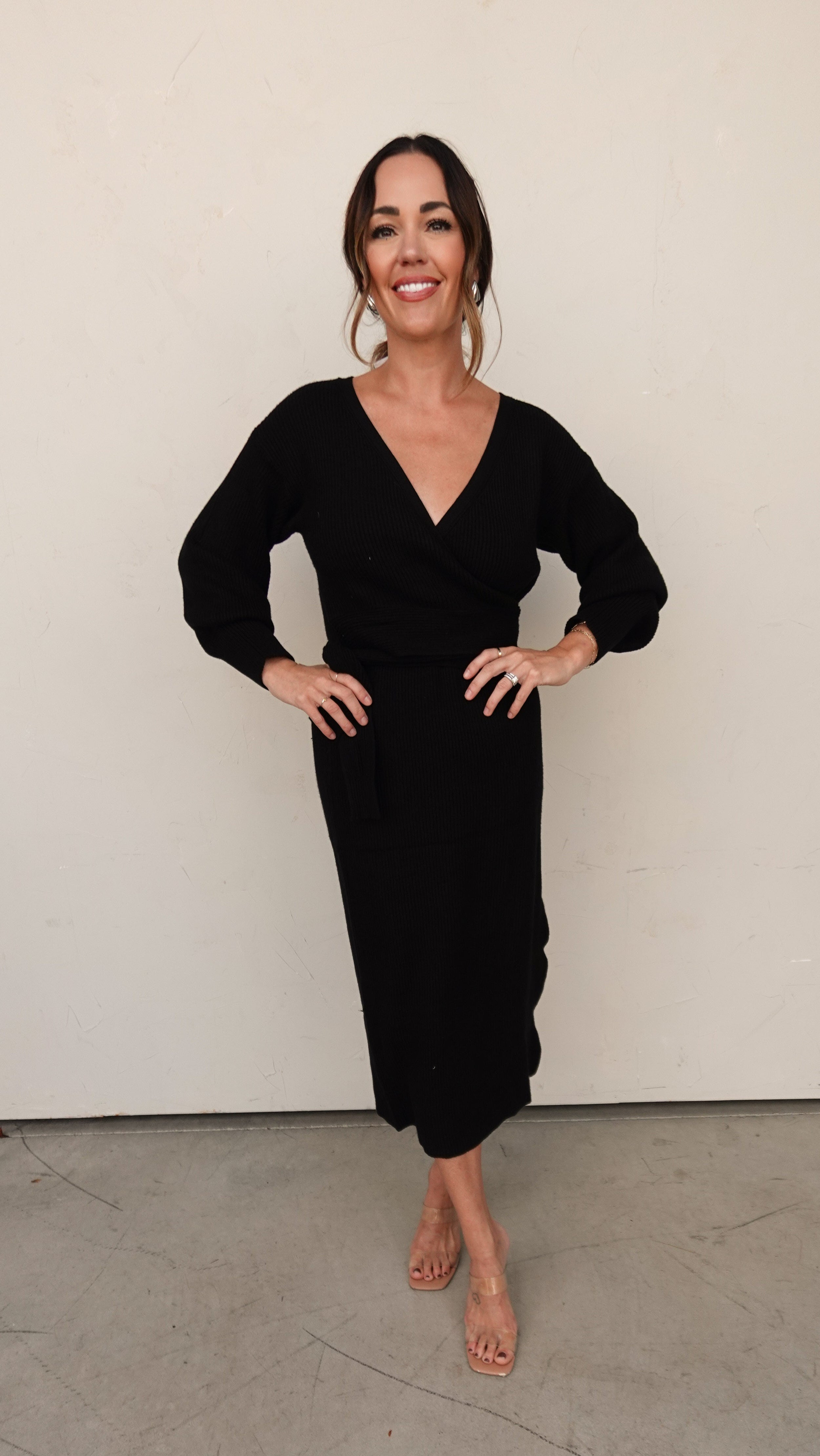 Black Ribbed Knit Wrap Dress | Elegant Women's Fashion by coolavocek