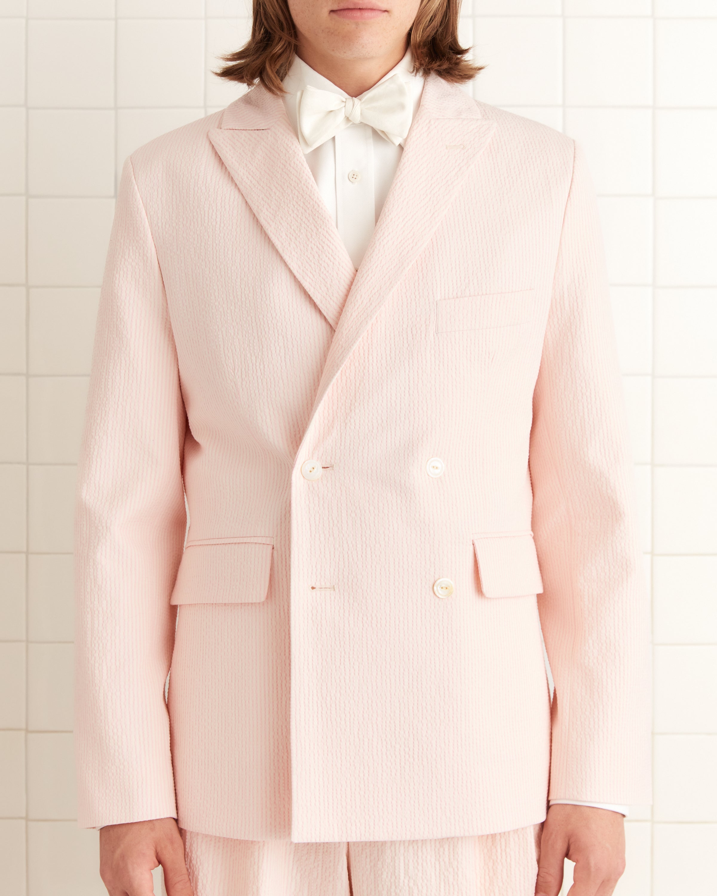 Club Stripe Double-Breasted Suit Jacket - Pink/White | Modern Menswear by yycbvcnbmmnbm