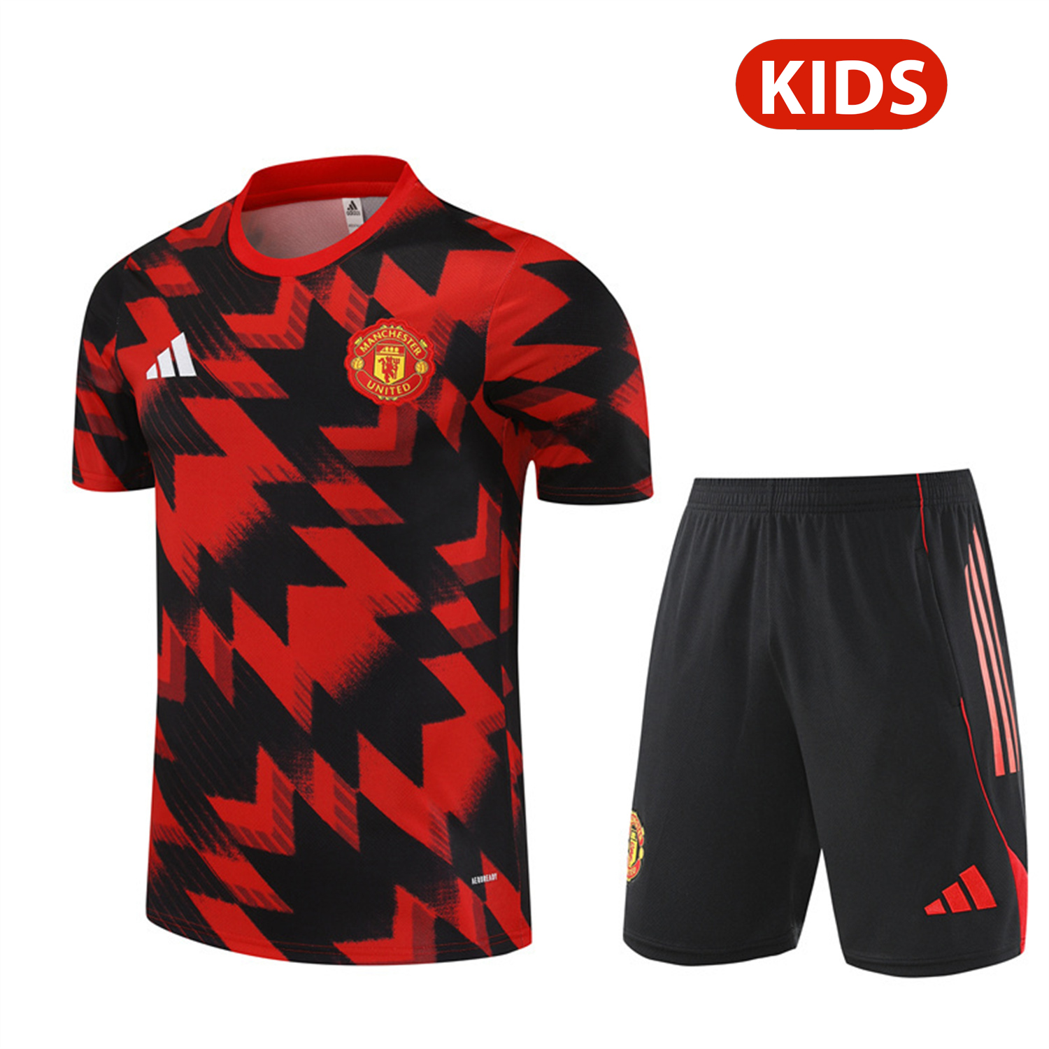AlphaJersey-Manchester United 25-26 Kids Short-Sleeve Training Set - Red Camouflage Top & Black Shorts