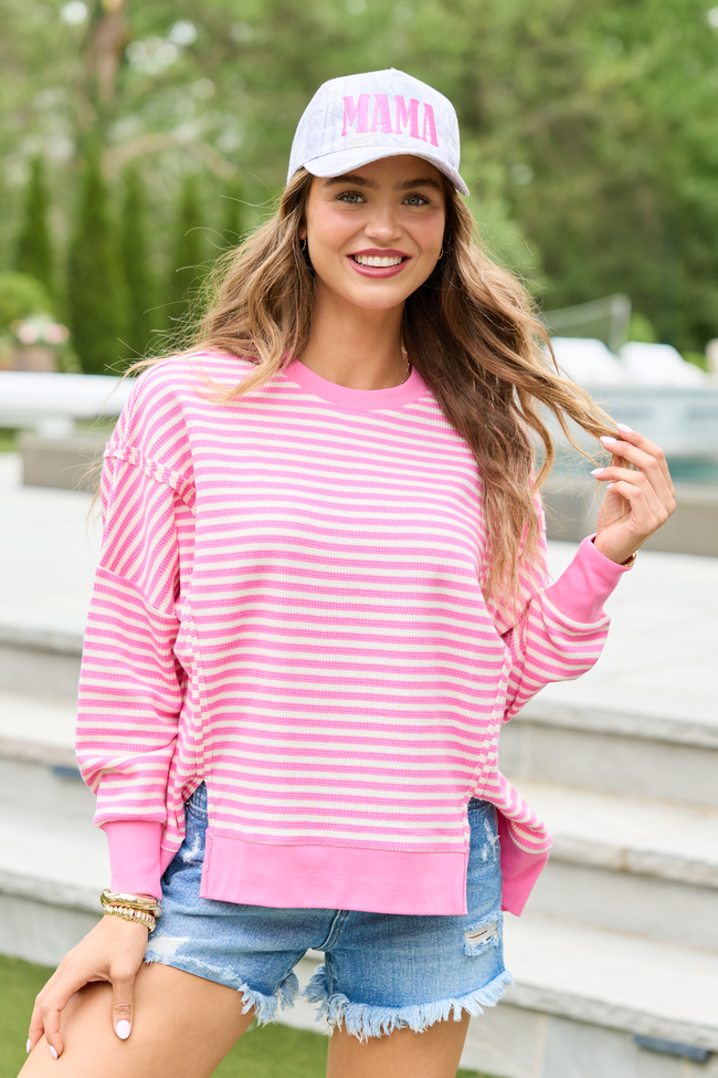Kara Pink And White Stripe Waffle Pullover | Elegant Women's Fashion by coolavocek