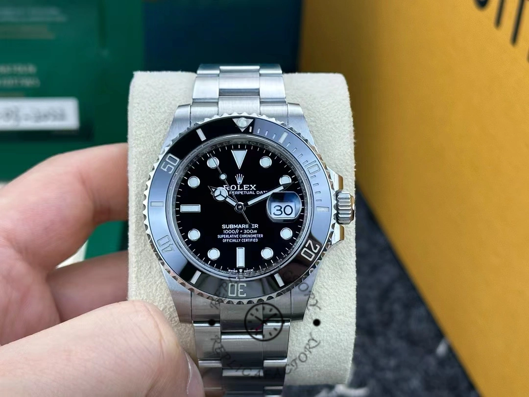 Side view of the Rolex Submariner 126610LN showing the black dial, ceramic bezel, and date window.