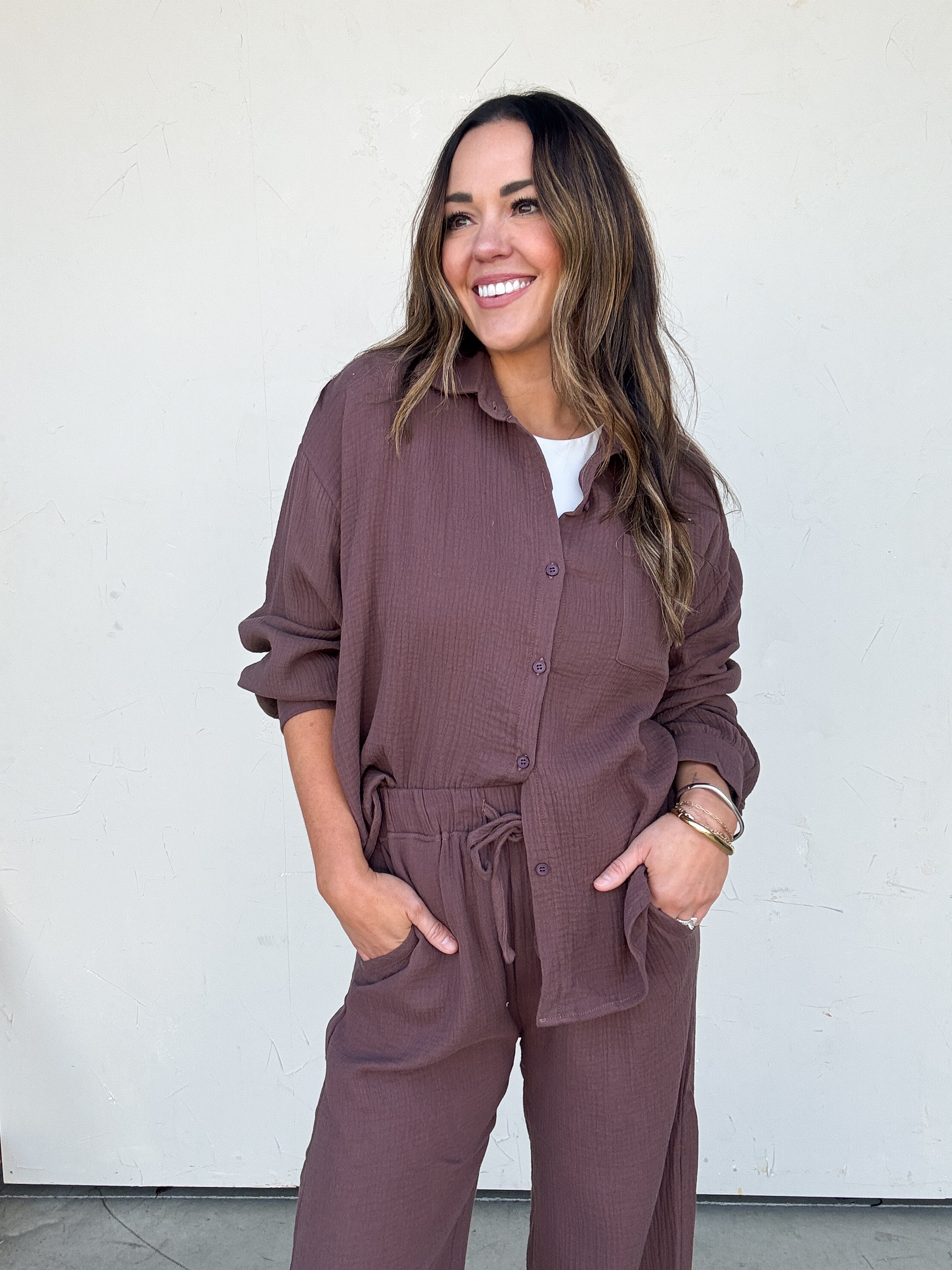 Brown Textured Shirt and Pant Set | Elegant Women's Fashion by coolavocek