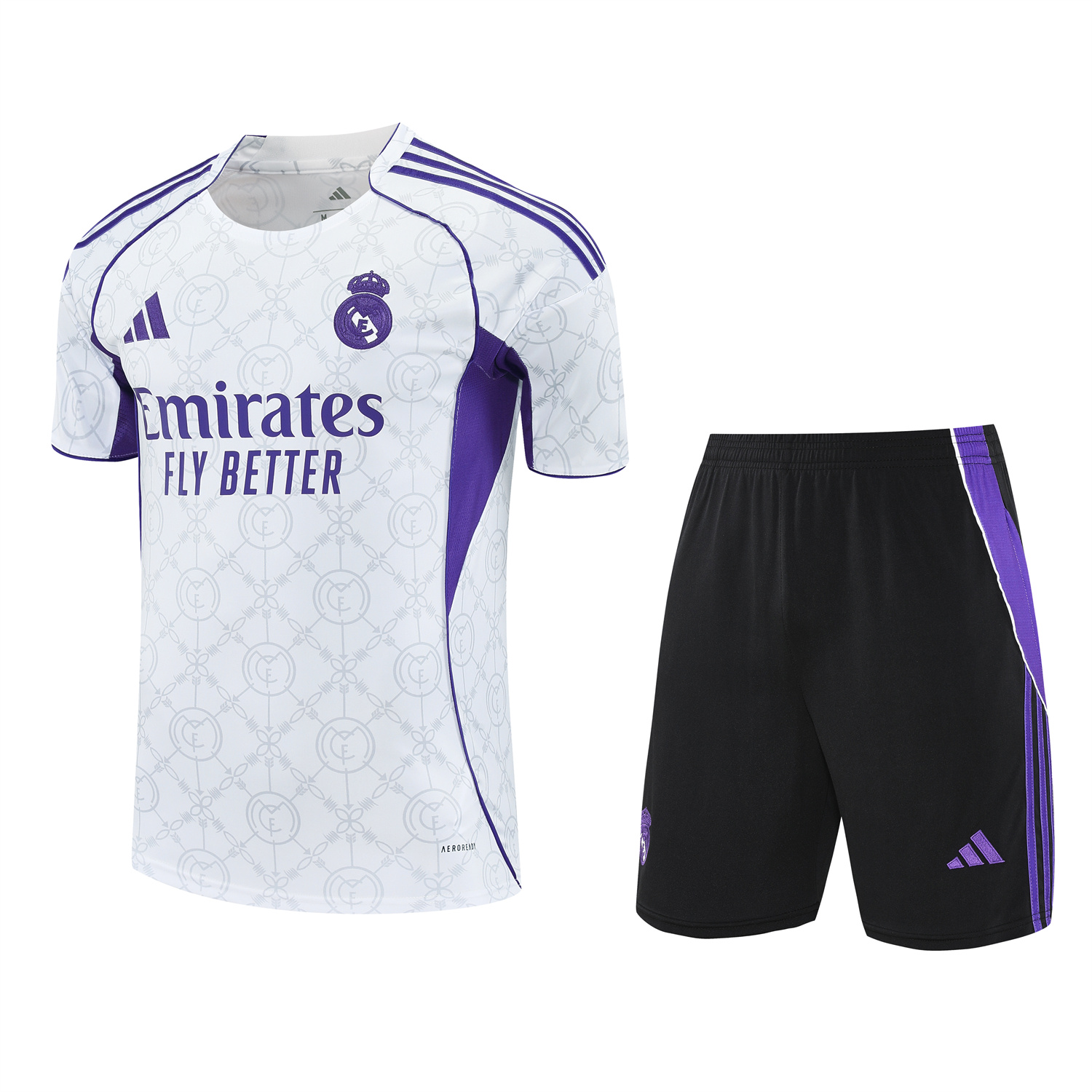 AlphaJersey-Real Madrid 25-26 Short-Sleeve Training Set - Blue Edge White Top & Black Shorts