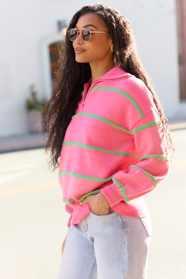 Sunday Stripe Club Pink And Green Quarter Zip | Elegant Women's Fashion by coolavocek
