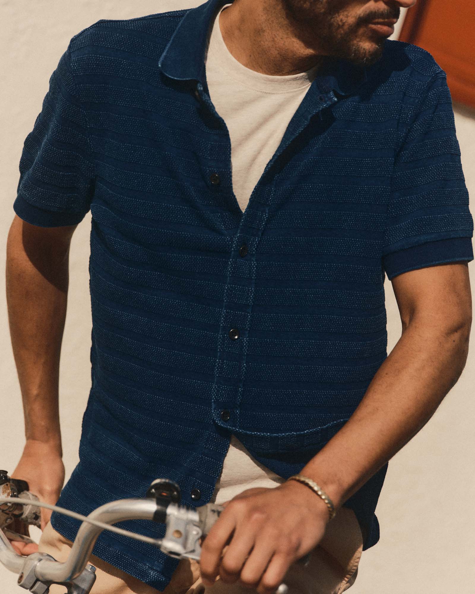 The Bywater Polo in Rinsed Indigo Knit Stripe | Modern Menswear by yycbvcnbmmnbm
