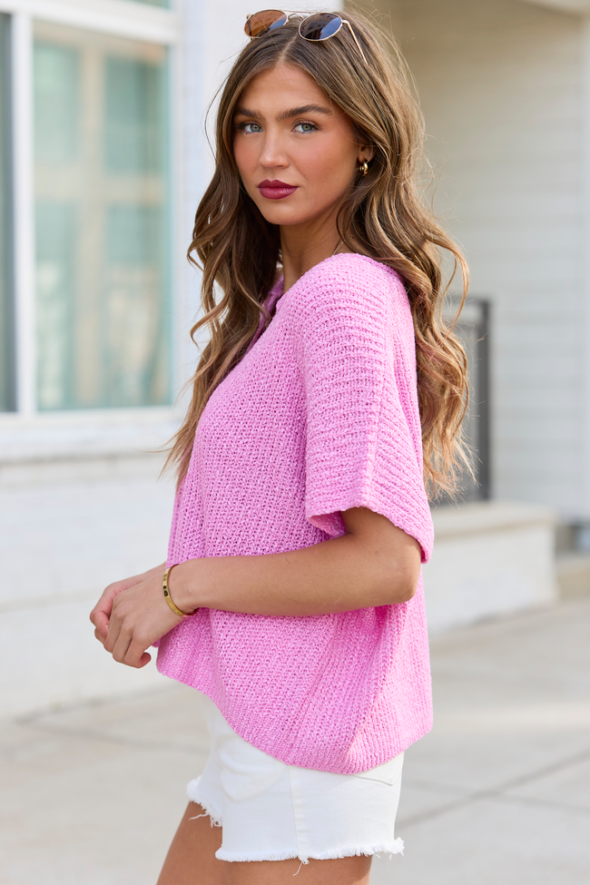 Alana Pink Open Knit Short Sleeve Sweater | Elegant Women's Fashion by coolavocek